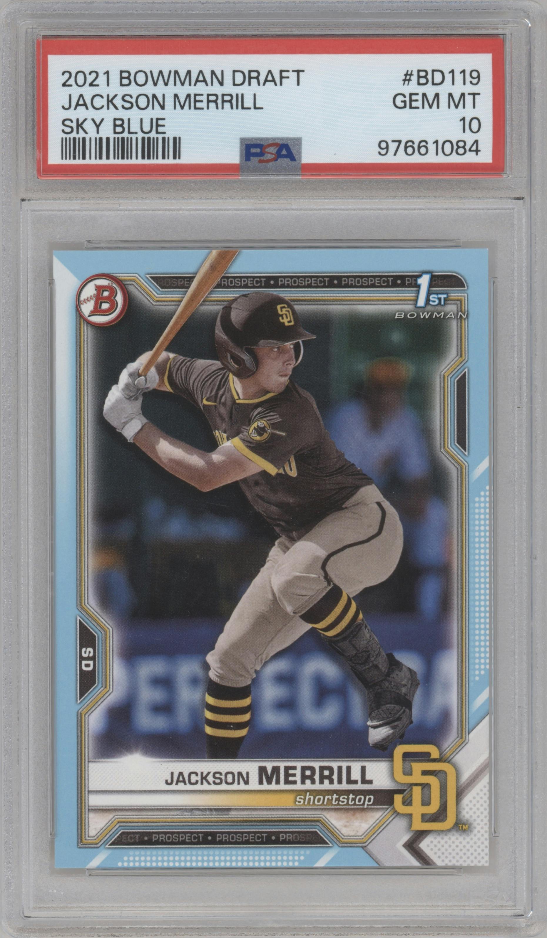 Jackson Merrill from the 2021 Bowman Draft set featuring a Sky Blue parallel graded by PSA and given an overall grade of 10.