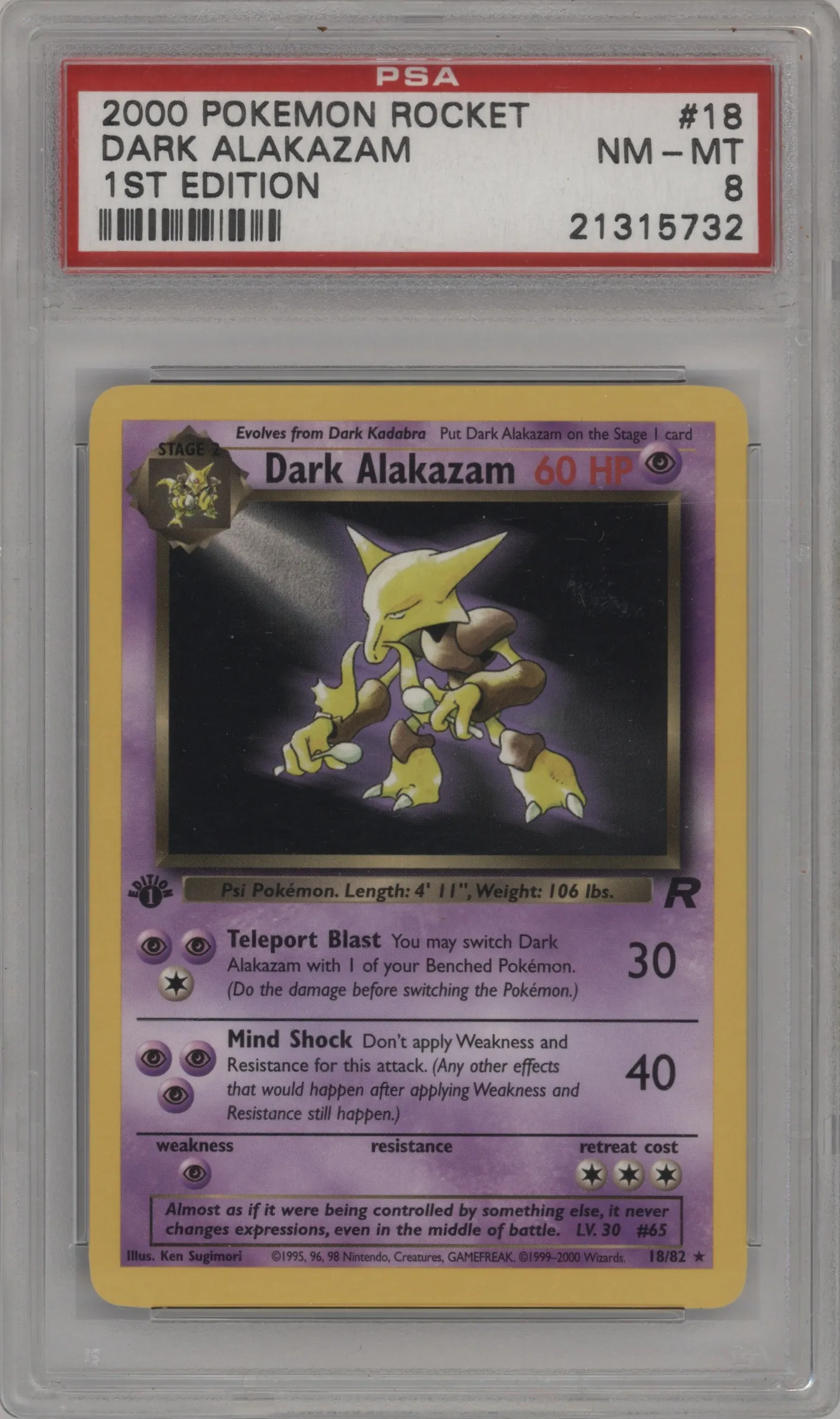 2000 Pokemon Team Rocket Dark Alakazam PSA 8