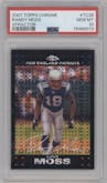 Randy Moss from the 2007 Topps Chrome set featuring a XFractor parallel graded by PSA and given an overall grade of 10.