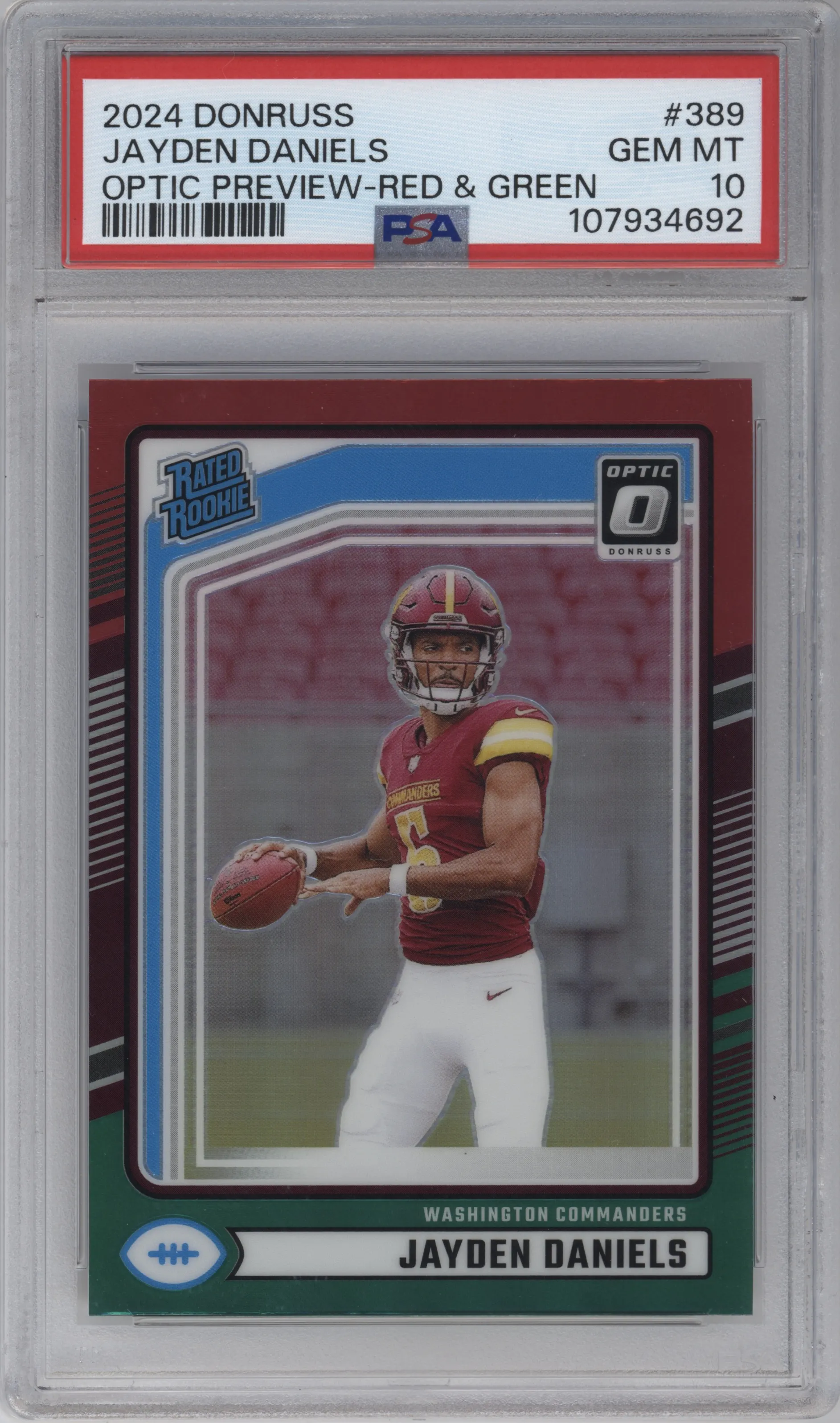 2024 Donruss Opt.Rtd.Rke. Jayden Daniels Red and Green #389 PSA 10