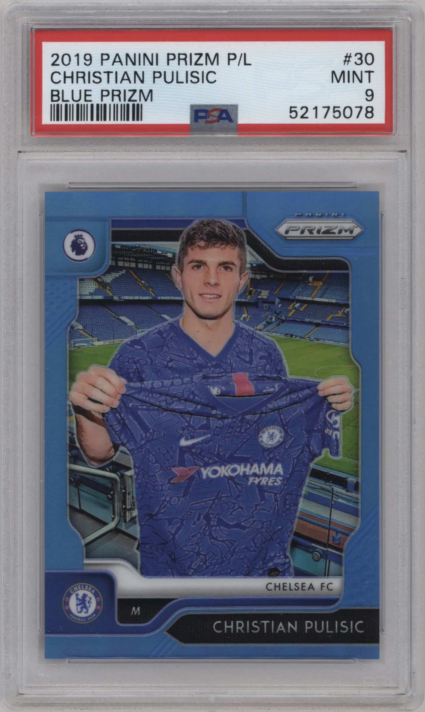 2019 Panini Prizm Premier League Christian Pulisic Blue Prizm #30 PSA 9