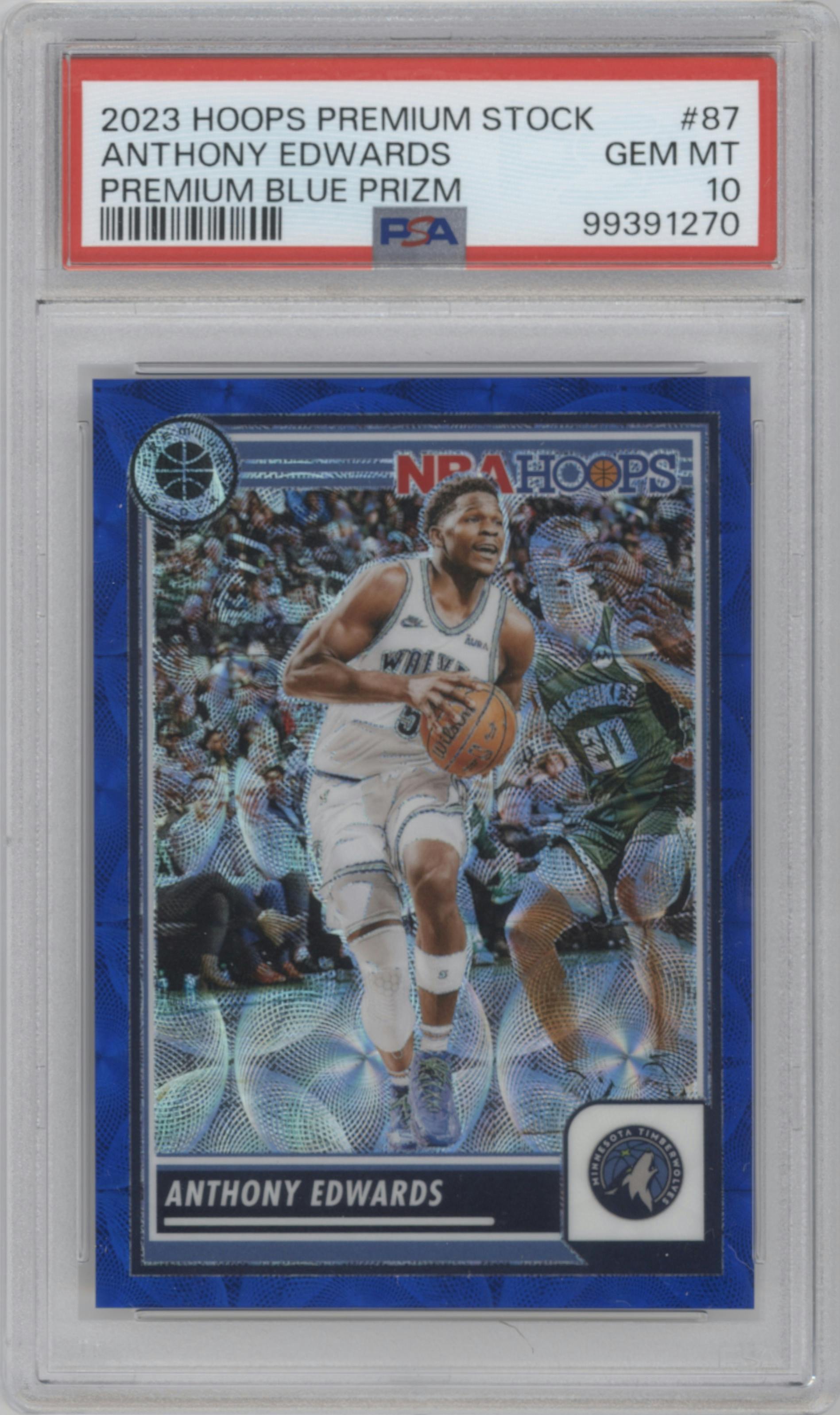 Anthony Edwards from the 2023-24 Panini Hoops Premium Stock set featuring a Premium Blue Prizm parallel graded by PSA and given an overall grade of 10.