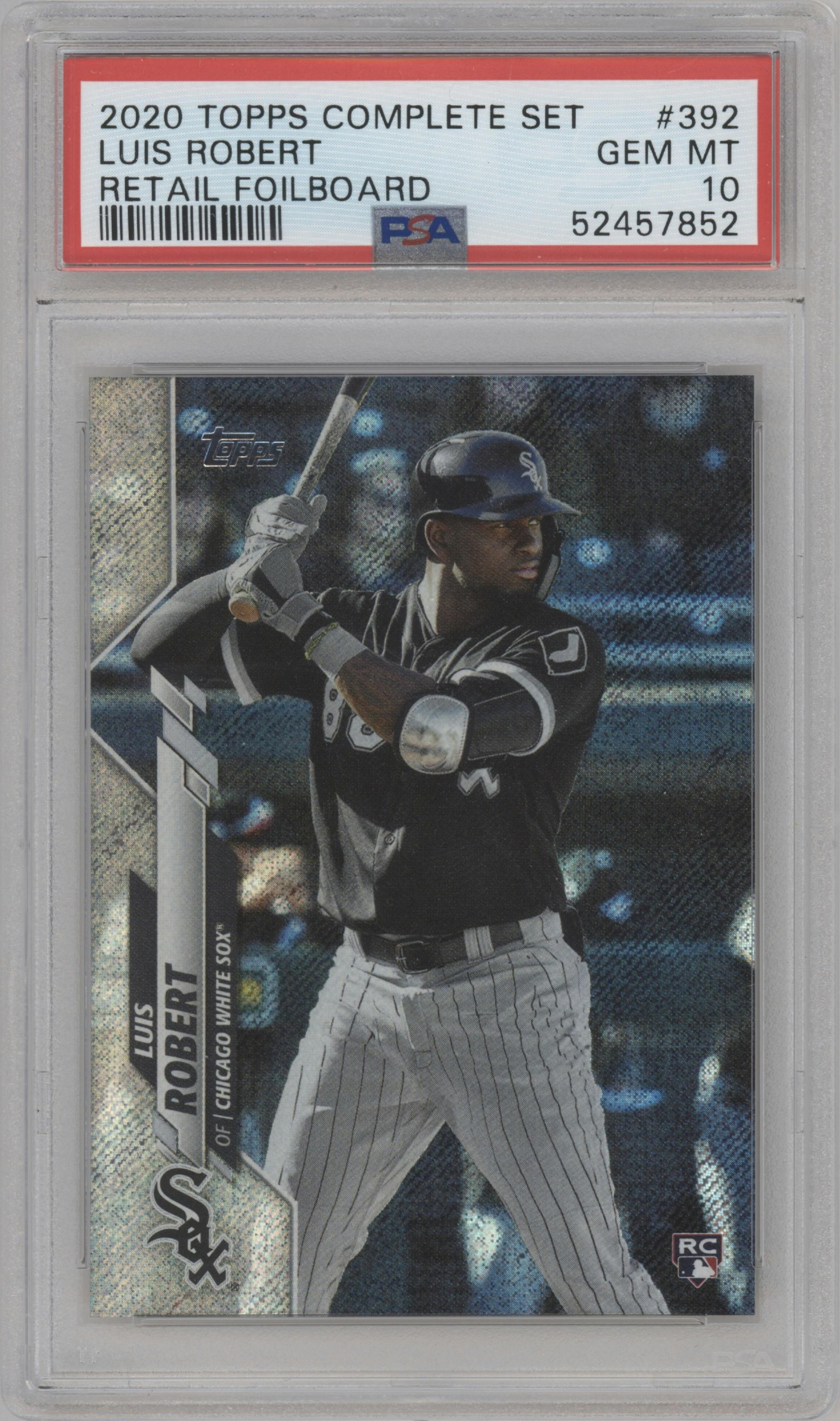 Luis Robert from the 2020 Topps Complete Set set featuring a Foilboard parallel graded by PSA and given an overall grade of 10.