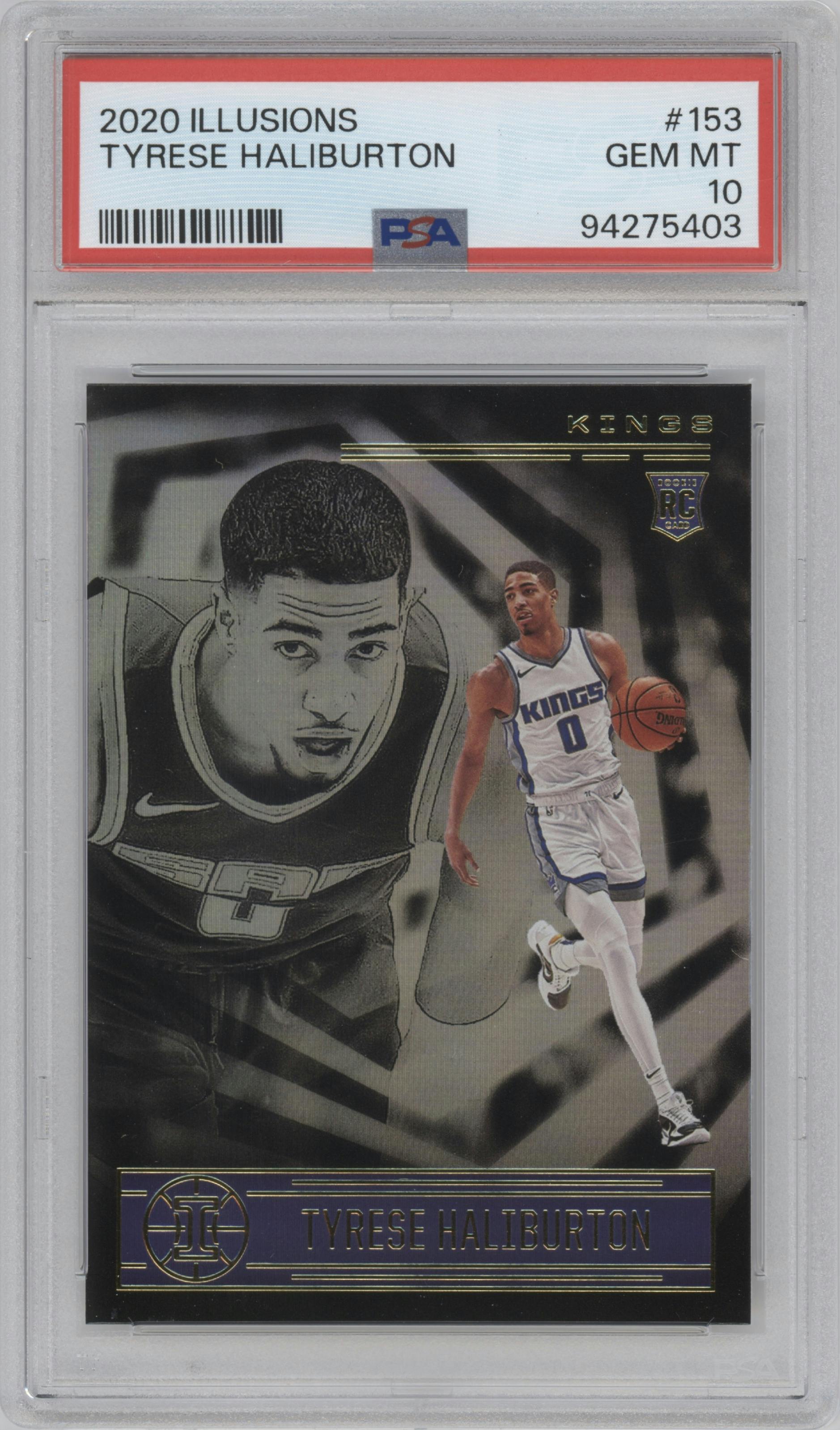 Tyrese Haliburton from the 2020-21 Panini Illusions  set graded by PSA and given an overall grade of 10.