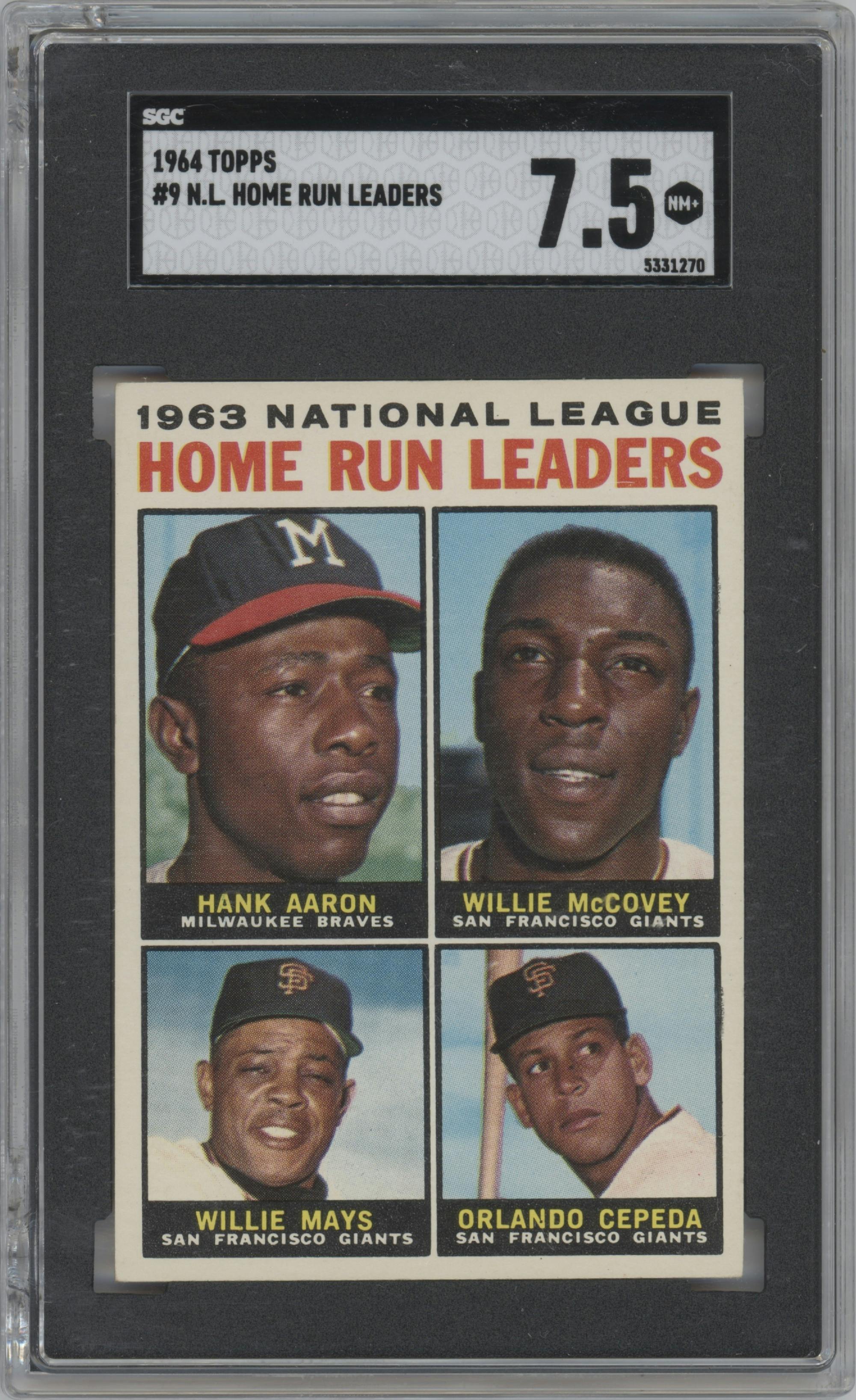 Hank Aaron / Willie McCovey / Willie Mays / Orlando Cepeda from the 1964 Topps set graded by SGC and given an overall grade of 7.5.