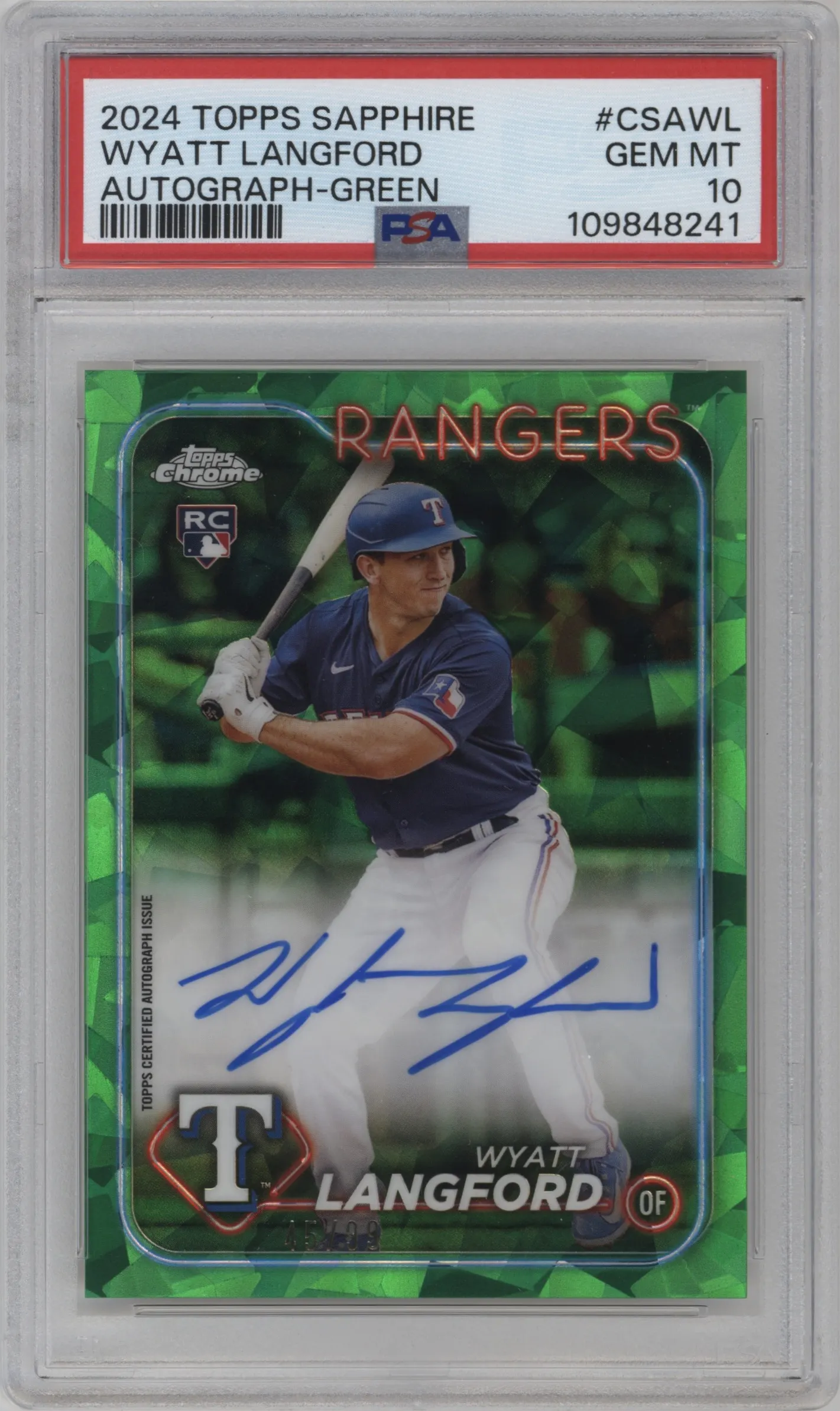 2024 Topps Chrome Sapphire Auto Wyatt Langford Green #CSA-WL PSA 10