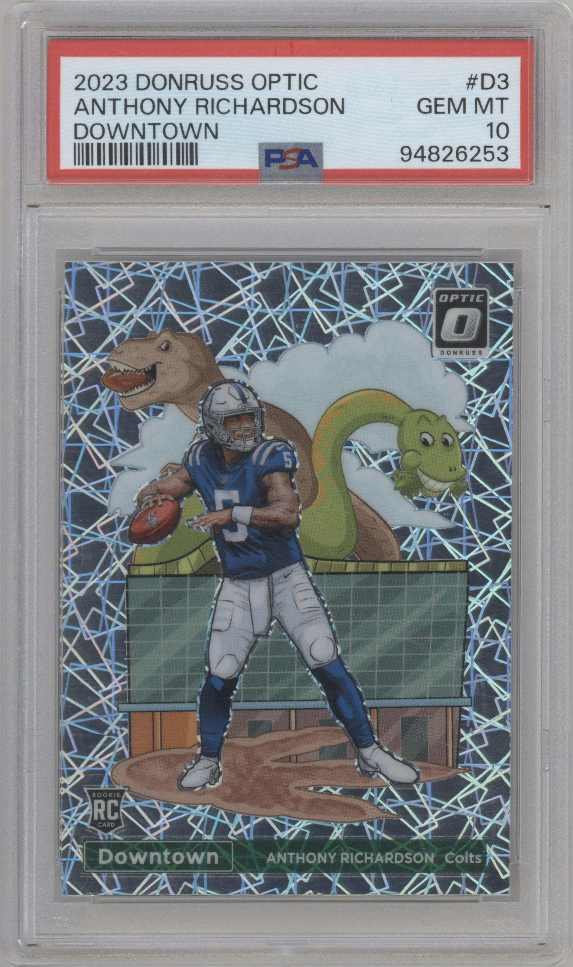 Anthony Richardson from the 2023 Donruss Optic set graded by PSA and given an overall grade of 10.