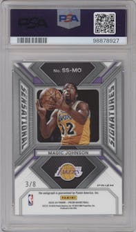 Magic Johnson from the 2023-24 Panini Prizm set featuring a Choice Green parallel graded by PSA and given an overall grade of 10.