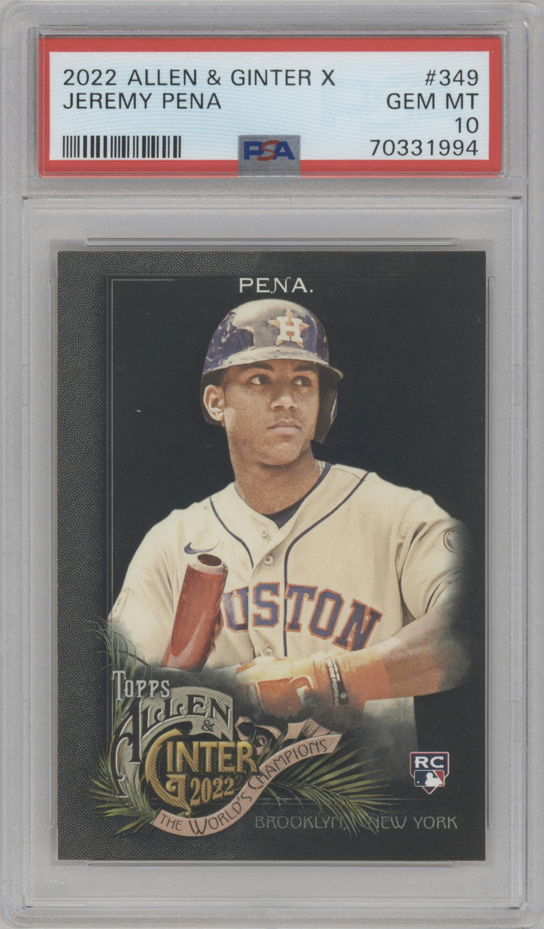 Jeremy Pena from the 2022 Topps Allen & Ginter X set graded by PSA and given an overall grade of 10.