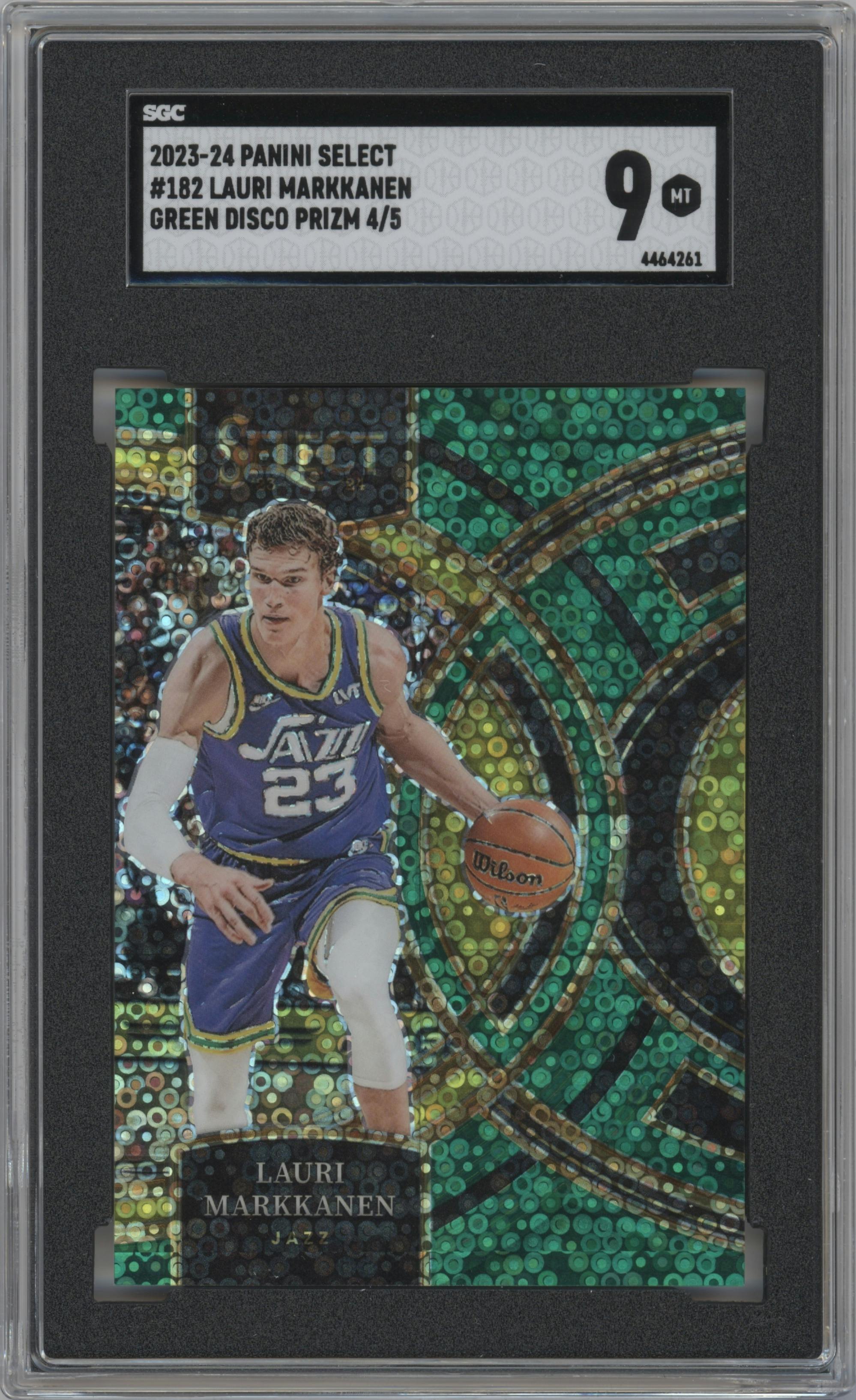Lauri Markkanen from the 2023-24 Panini Select  set featuring a Green Disco parallel graded by SGC and given an overall grade of 9.
