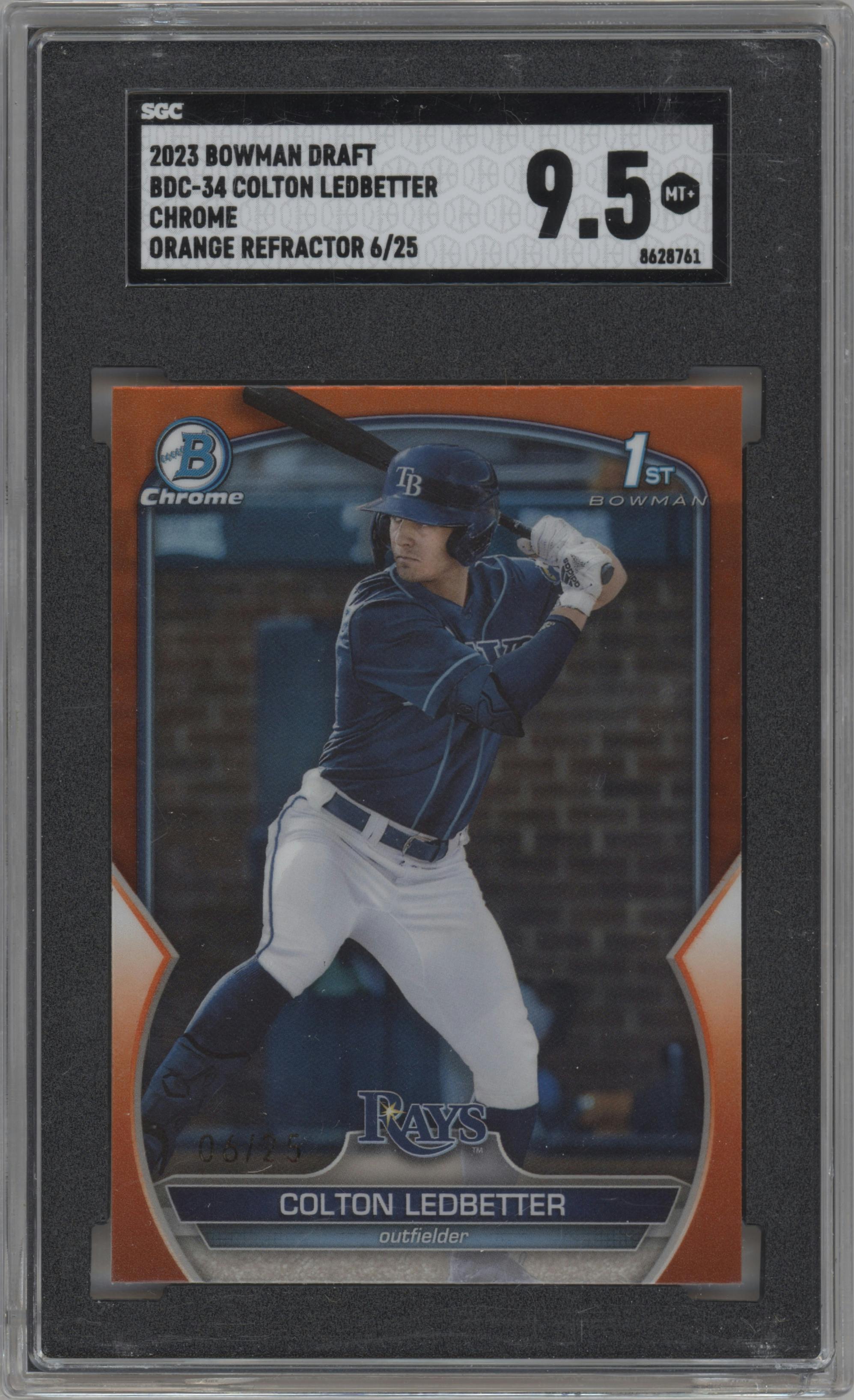 Colton Ledbetter from the 2023 Bowman Draft set featuring a Orange Refractor parallel graded by SGC and given an overall grade of 9.5.