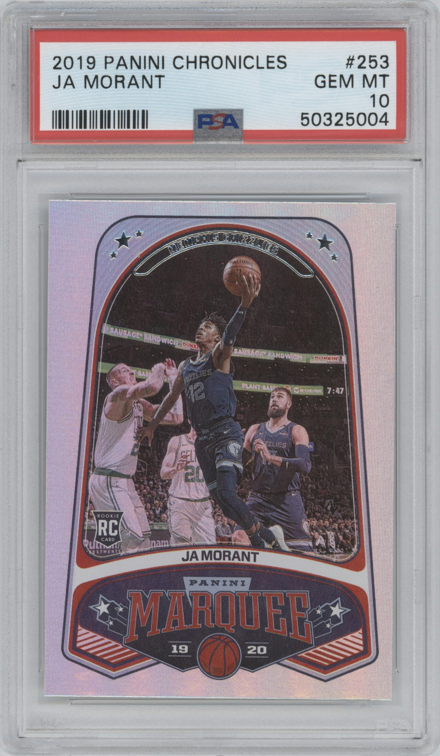 Ja Morant from the 2019-20 Panini Chronicles  set graded by PSA and given an overall grade of 10.