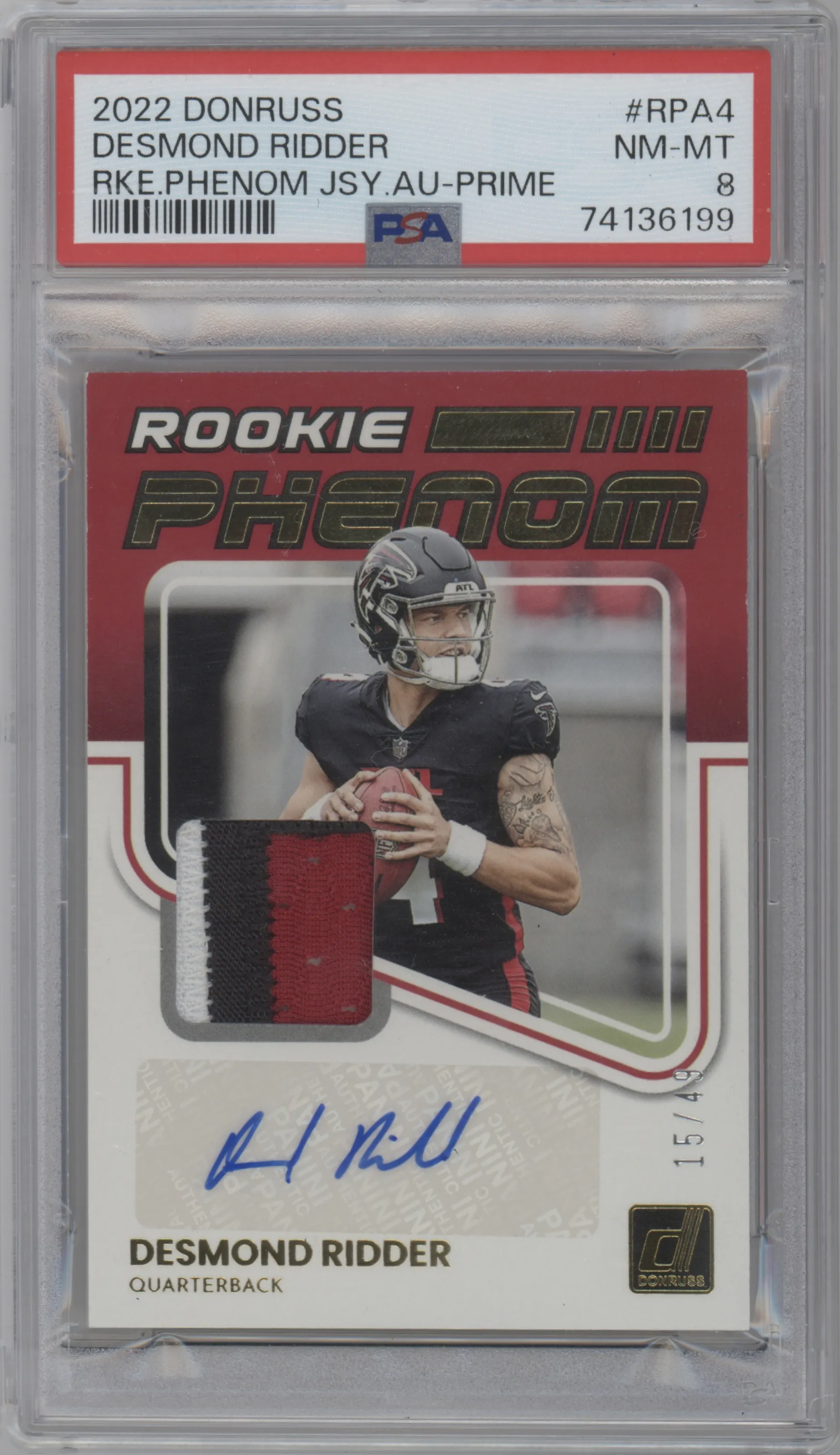 2022 Panini Donruss Rke.Phen.Jrsy.Auto Desmond Ridder Prime PSA 8