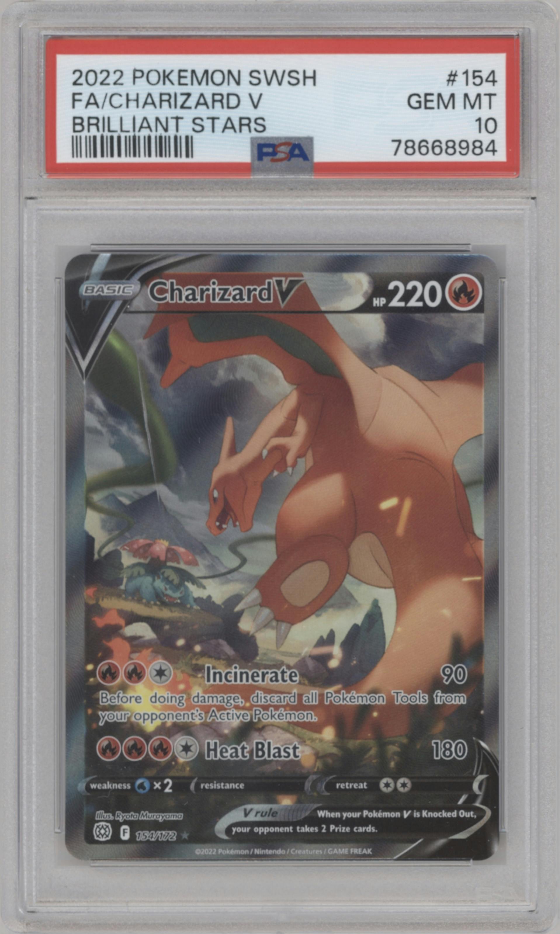 Charizard V from the 2022 Pokemon SWSH set graded by PSA and given an overall grade of 10.