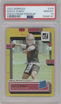 Brock Purdy from the 2022 Panini Donruss set featuring a Press Proof Premium parallel graded by PSA and given an overall grade of 10.