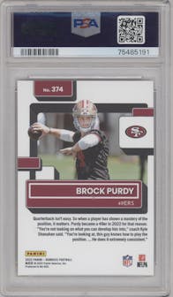 Brock Purdy from the 2022 Panini Donruss set featuring a Press Proof Premium parallel graded by PSA and given an overall grade of 10.