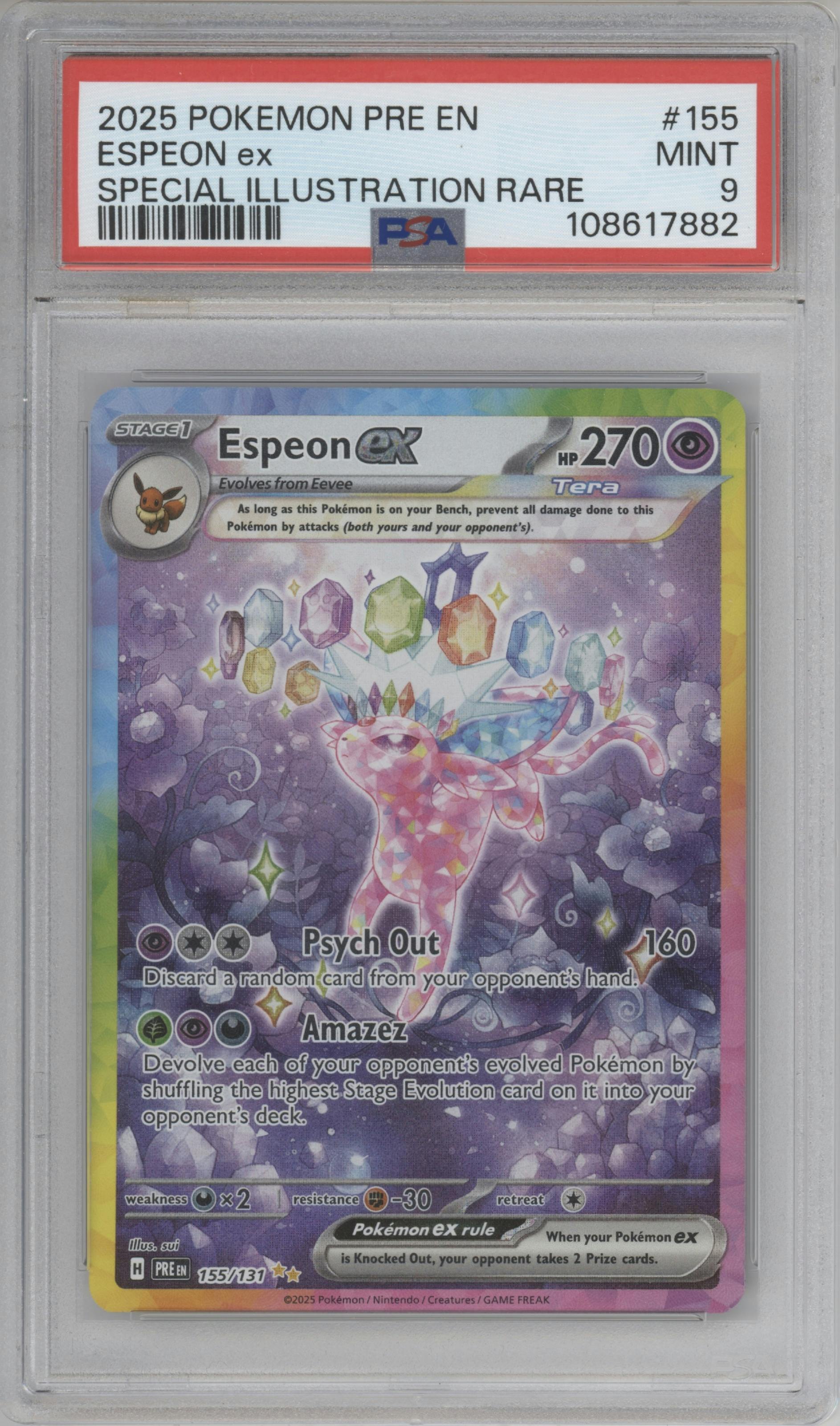 Espeon ex from the 2025 Pokemon SV set graded by PSA and given an overall grade of 9.