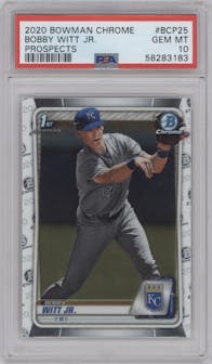 Bobby Witt Jr. from the 2020 Bowman set graded by PSA and given an overall grade of 10.