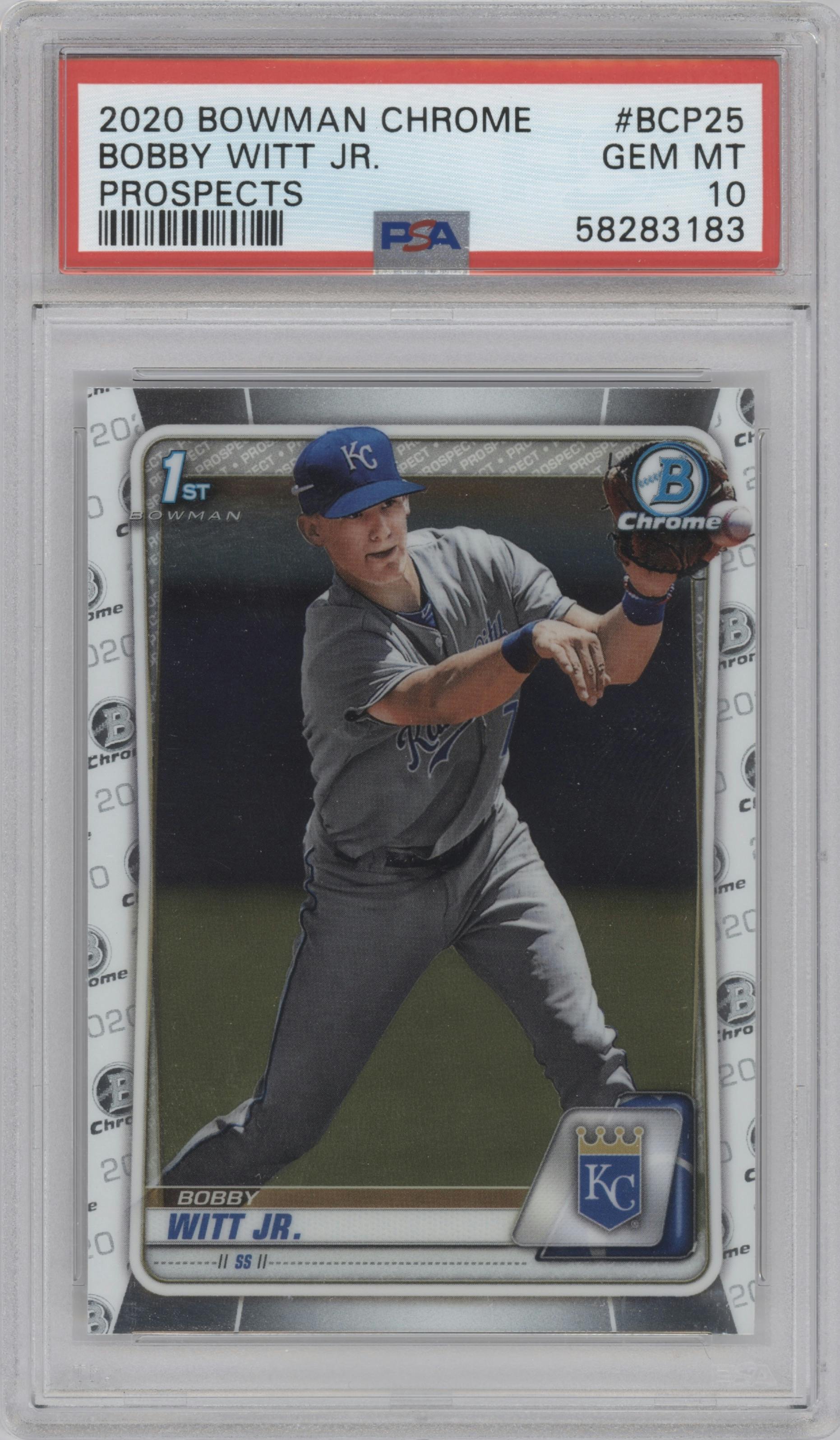 Bobby Witt Jr. from the 2020 Bowman set graded by PSA and given an overall grade of 10.
