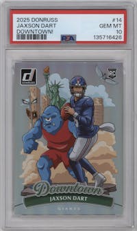 Jaxson Dart from the 2025 Panini Donruss set graded by PSA and given an overall grade of 10.