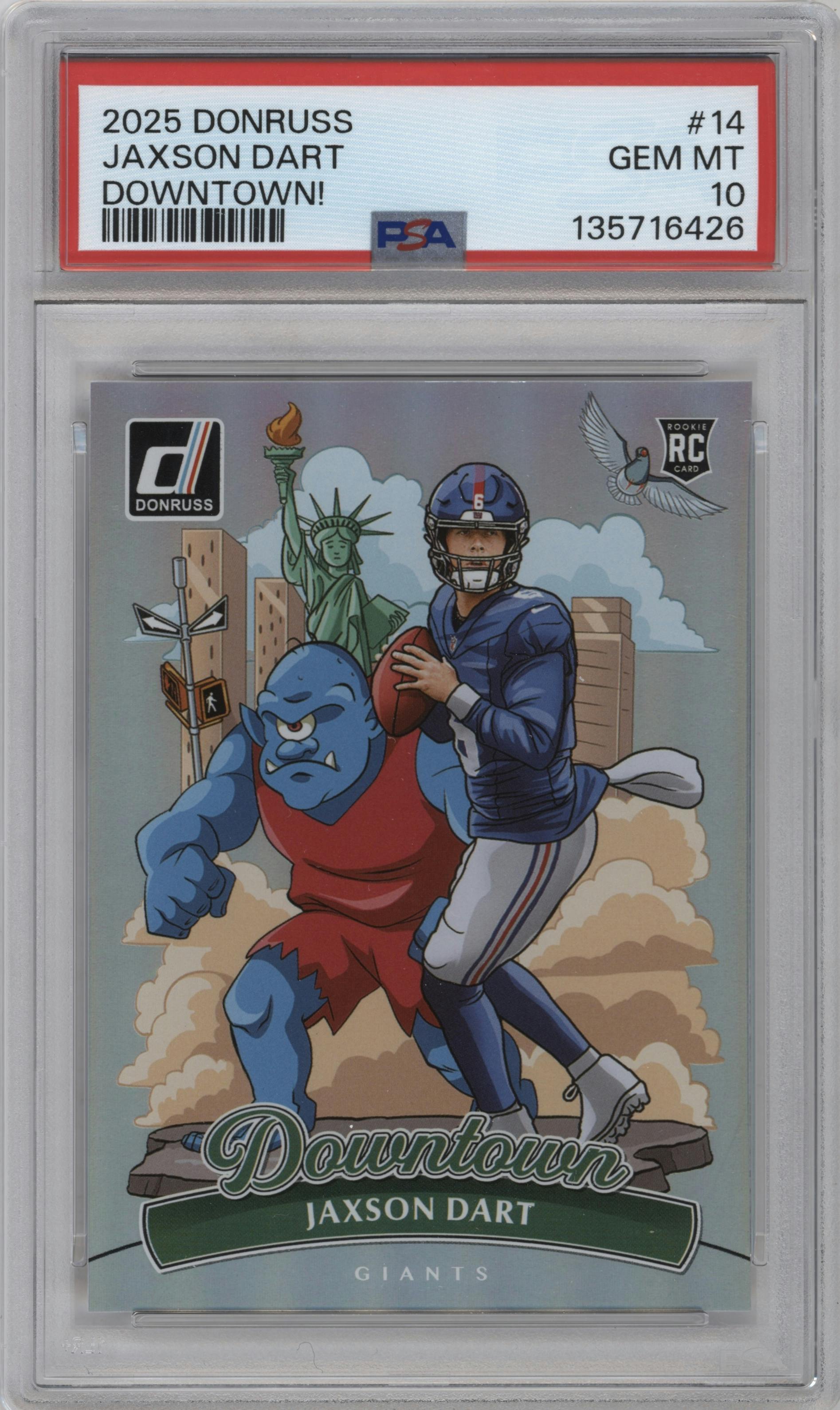 Jaxson Dart from the 2025 Panini Donruss set graded by PSA and given an overall grade of 10.