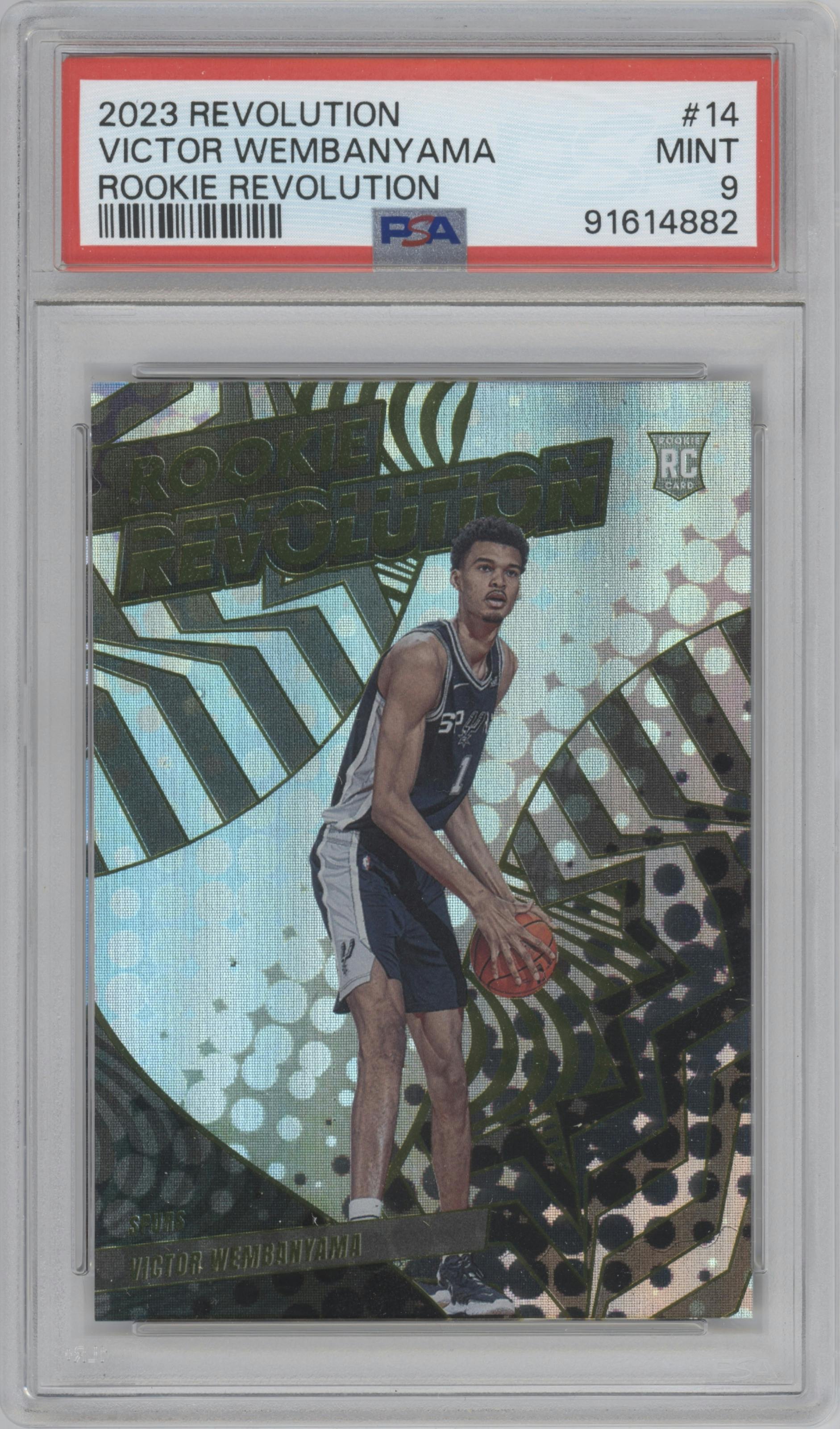 Victor Wembanyama from the 2023-24 Panini Revolution set graded by PSA and given an overall grade of 9.