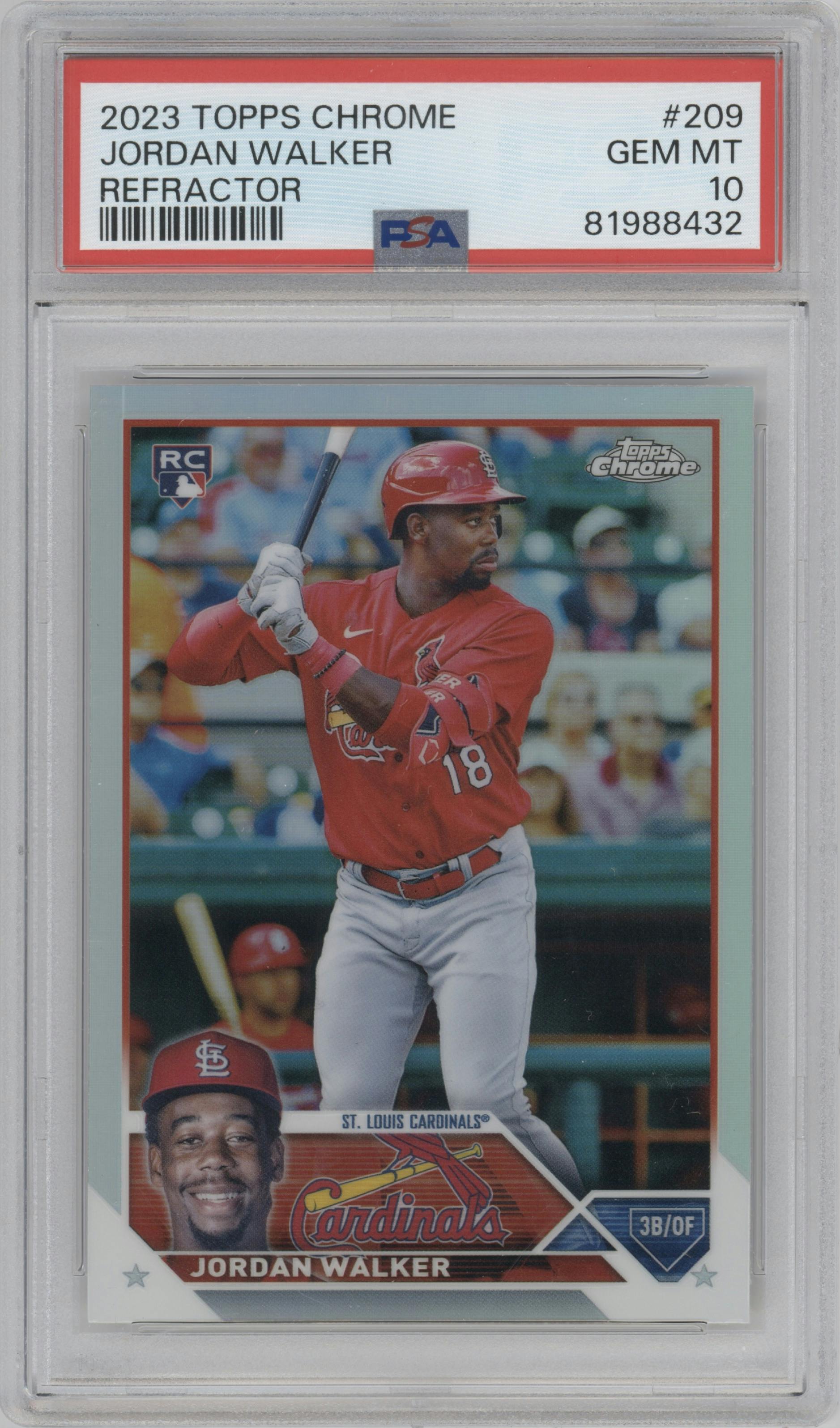 Jordan Walker from the 2023 Topps Chrome set featuring a Refractor parallel graded by PSA and given an overall grade of 10.