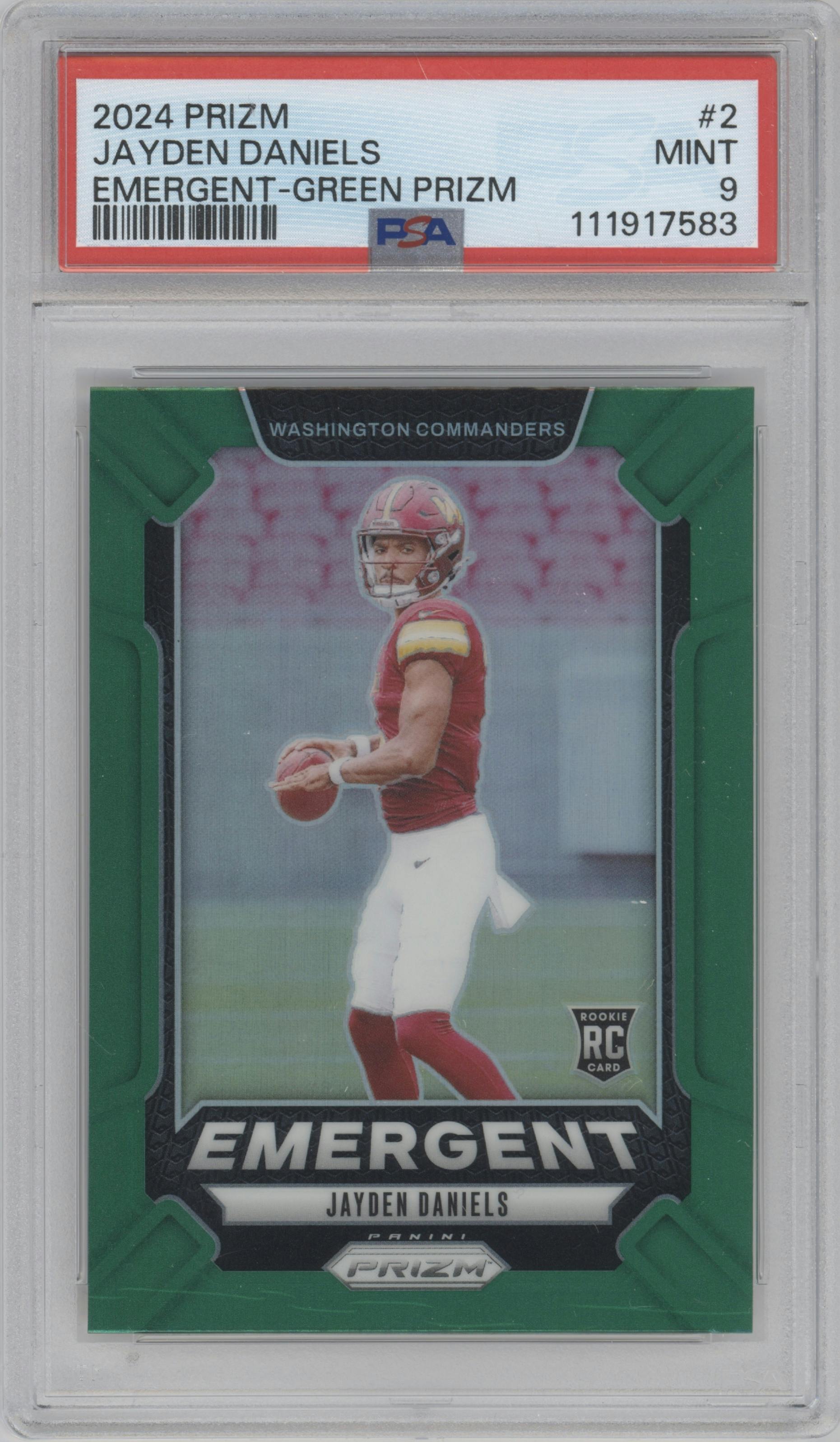 Jayden Daniels from the 2024 Panini Prizm set featuring a Green Prizm parallel graded by PSA and given an overall grade of 9.