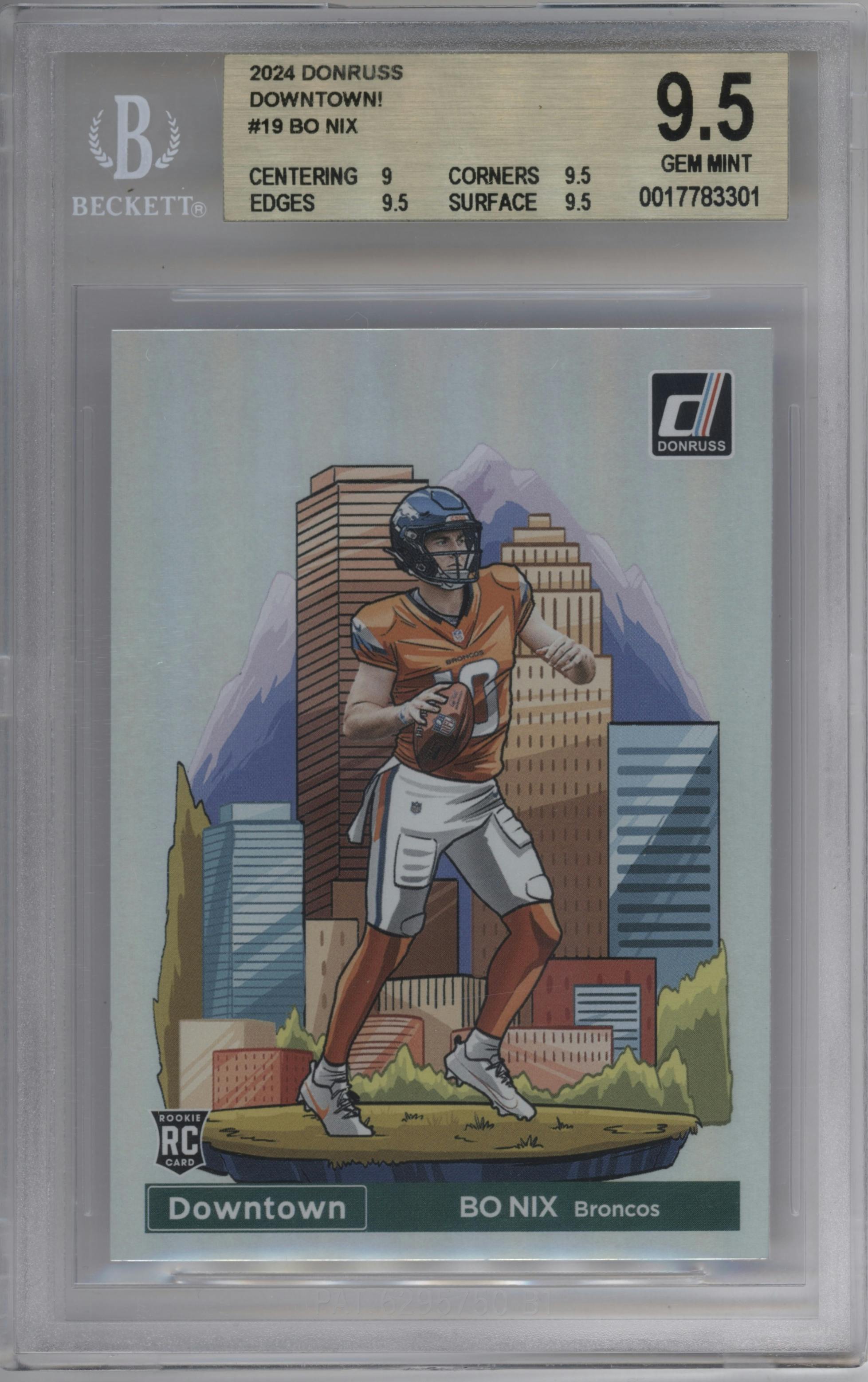 Bo Nix from the 2024 Donruss set graded by Beckett and given an overall grade of 9.5.