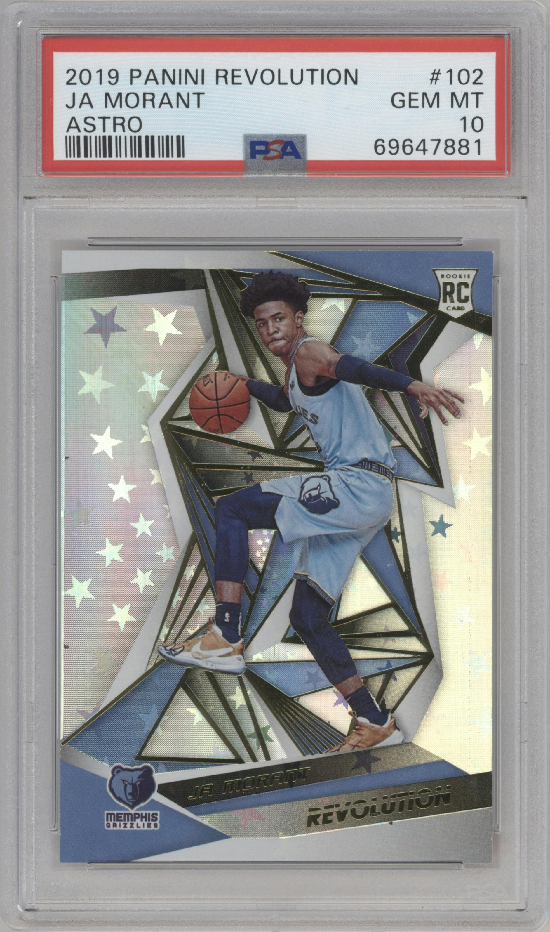 Ja Morant from the 2019-20 Panini Revolution set featuring a Astro parallel graded by PSA and given an overall grade of 10.