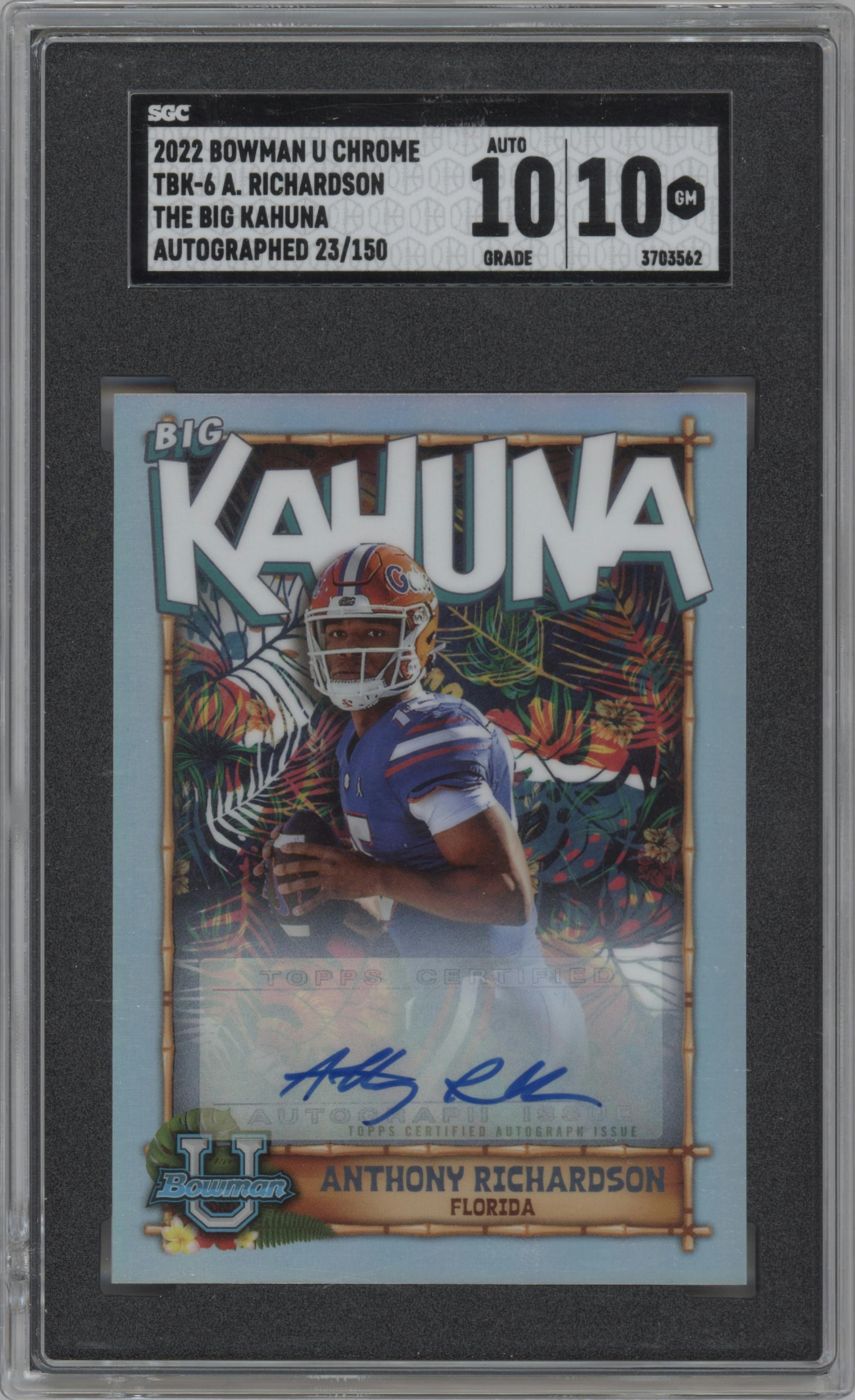 Anthony Richardson from the 2022 Bowman University Chrome set graded by SGC and given an overall grade of 10.