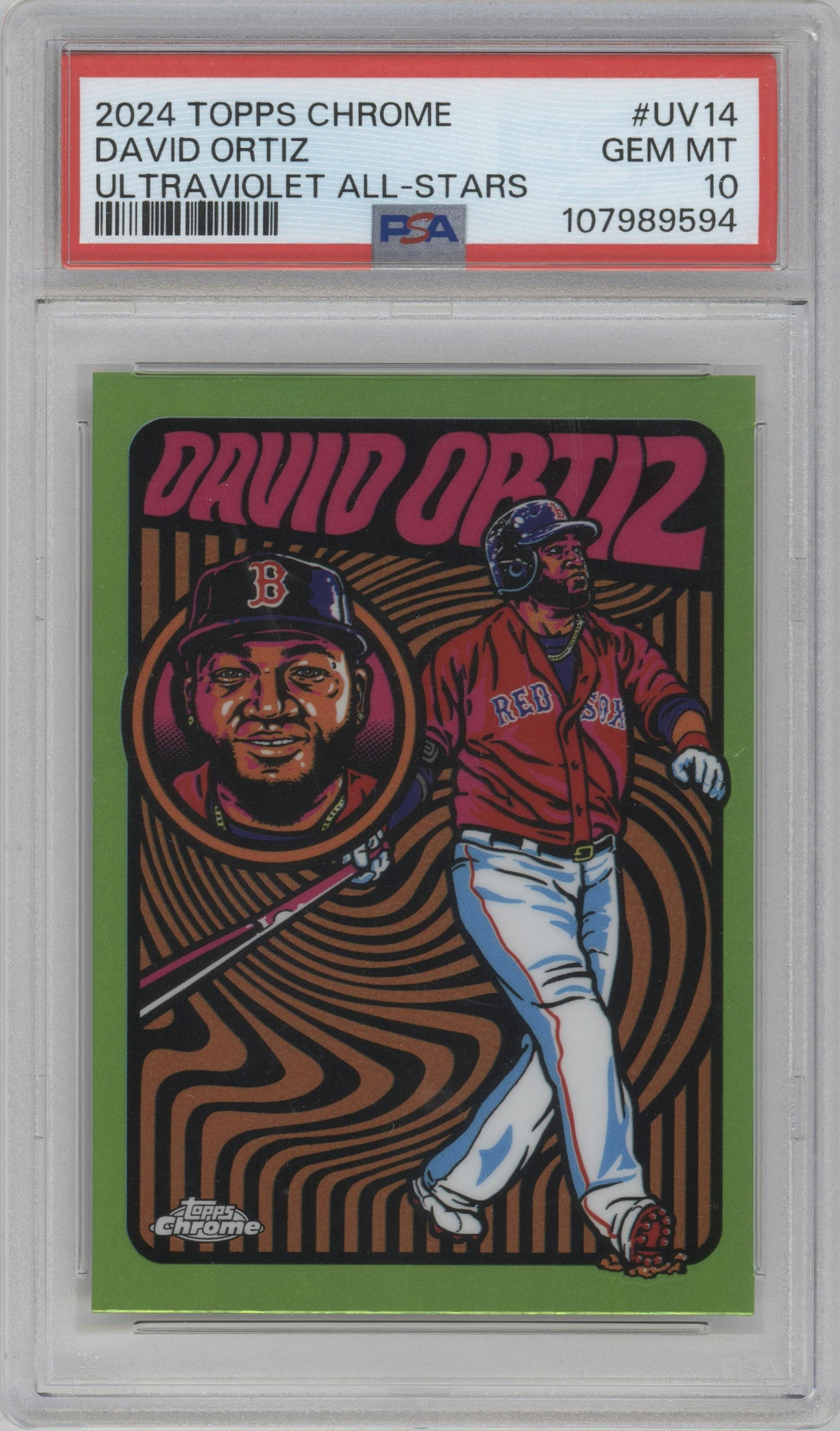 David Ortiz from the 2024 Topps Chrome set graded by PSA and given an overall grade of 10.