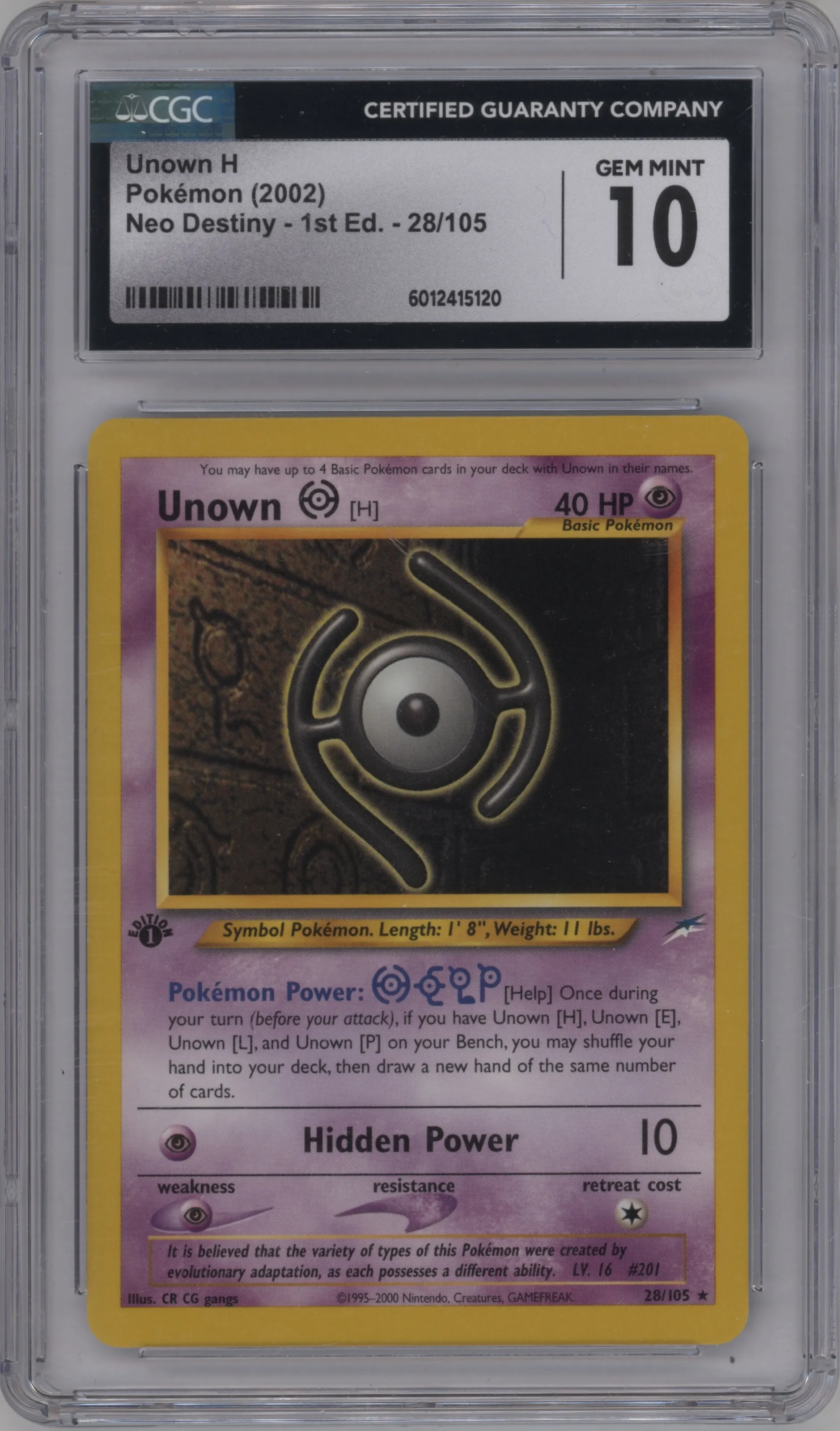 2002 Pokemon Neo Genesis Neo Destiny Unown H #28 CGC 10