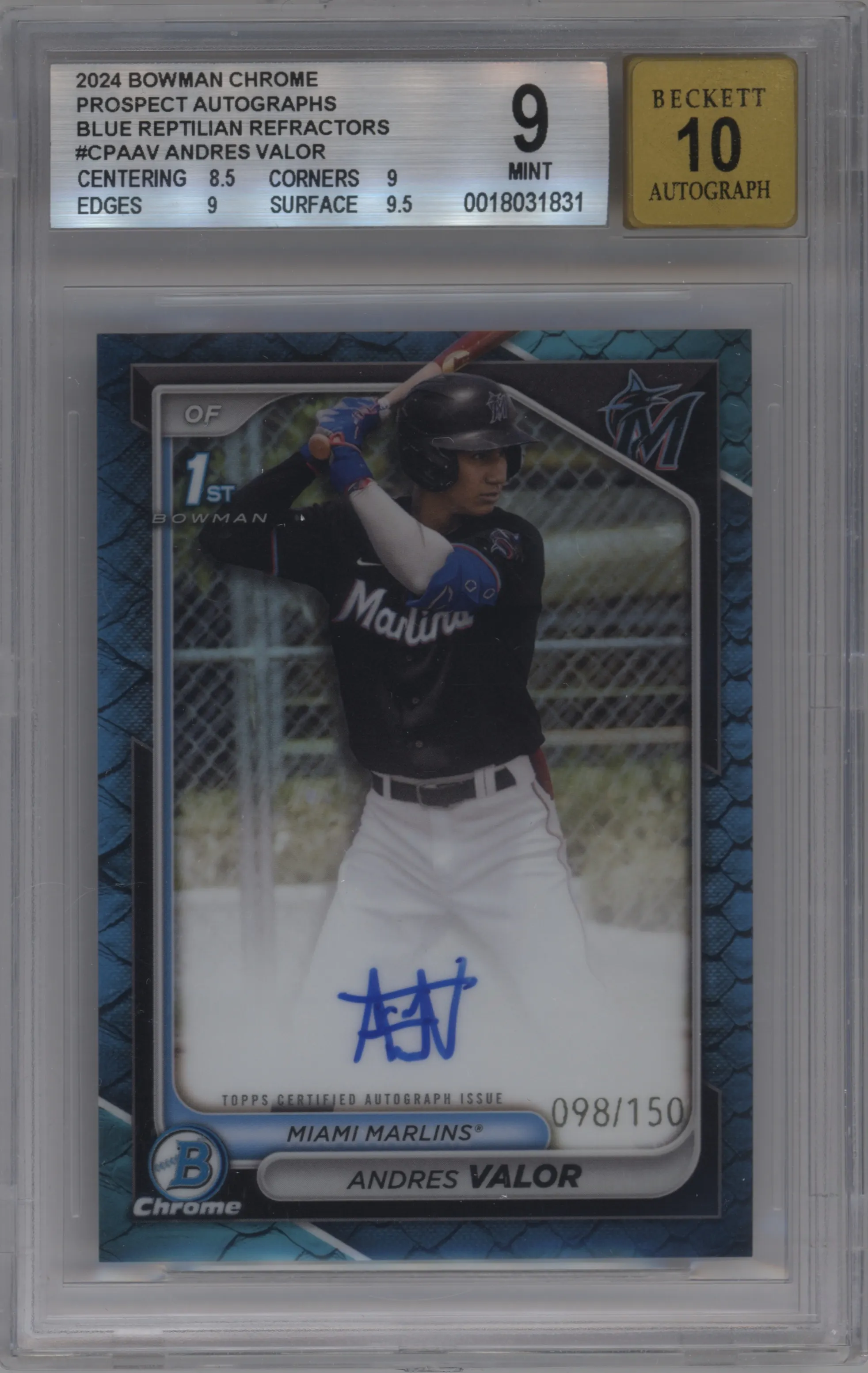 2024 Bowman Chrome Chr.Pros.Auto Andres Valor Reptilian Blue Refractor BGS 9