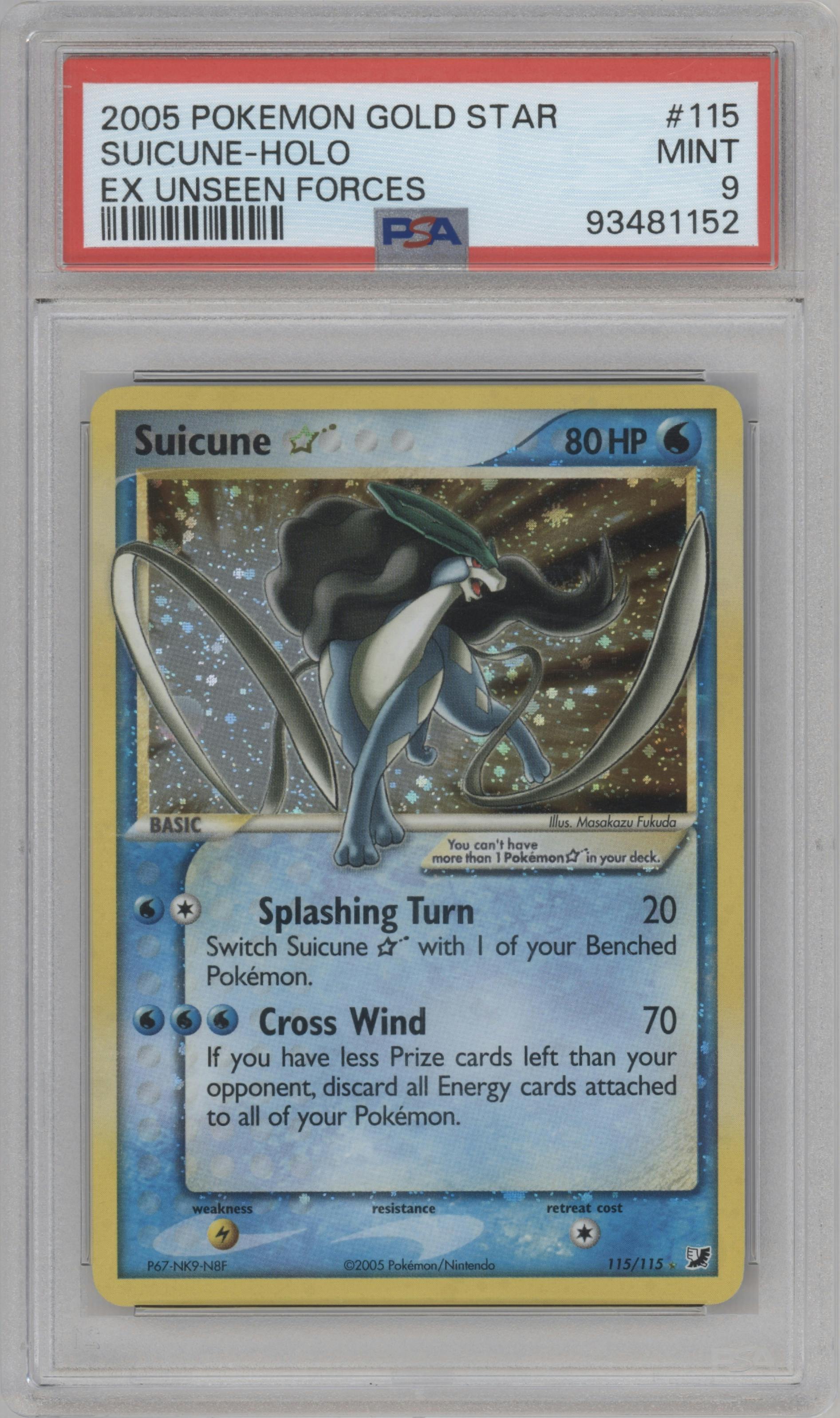 Suicune Gold Star from the 2005 Pokemon EX set graded by PSA and given an overall grade of 9.