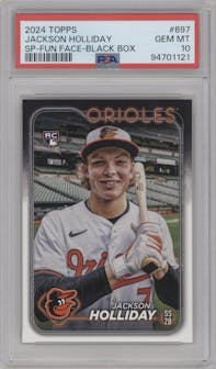 Jackson Holliday from the 2024 Topps  set featuring a Black Box parallel graded by PSA and given an overall grade of 10.