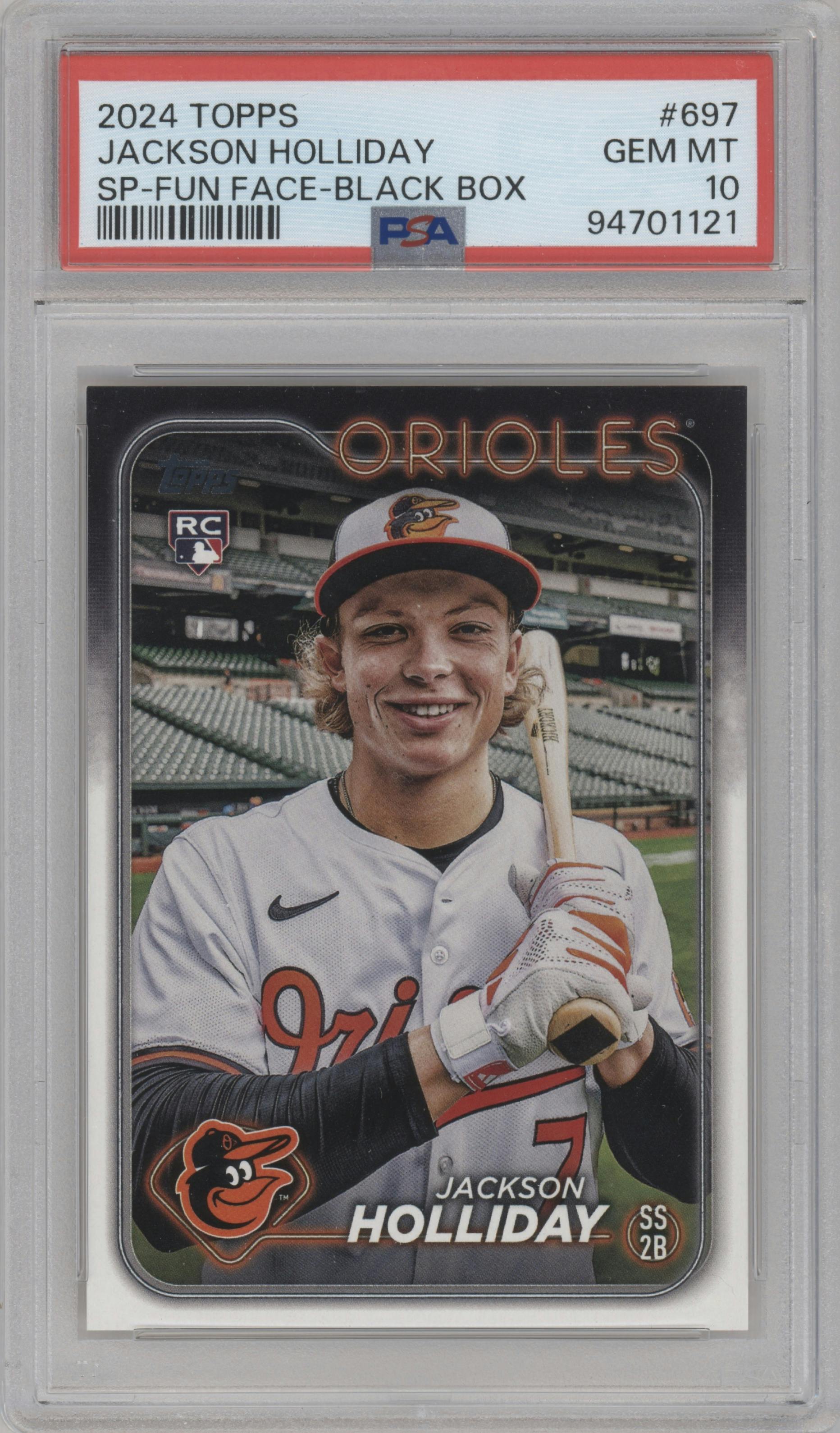 Jackson Holliday from the 2024 Topps  set featuring a Black Box parallel graded by PSA and given an overall grade of 10.