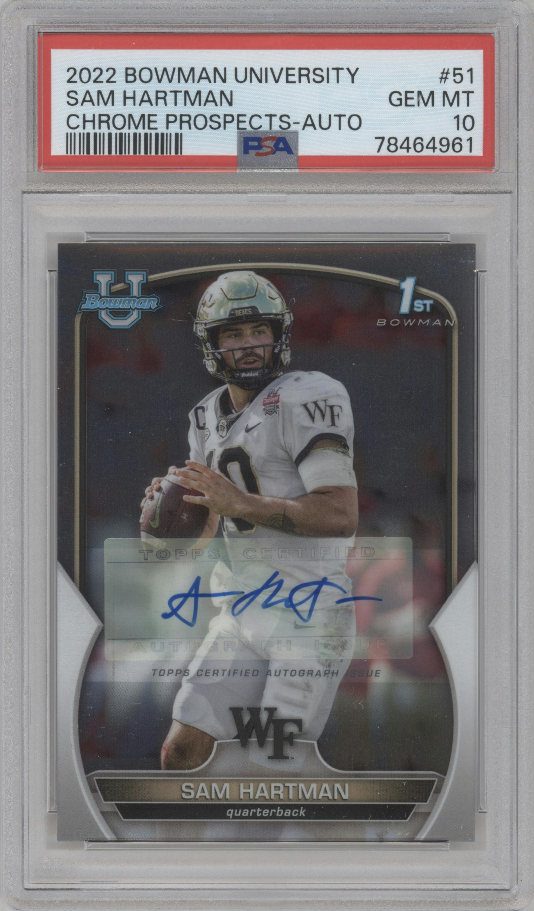 Sam Hartman from the 2022 Bowman University Chrome set graded by PSA and given an overall grade of 10.