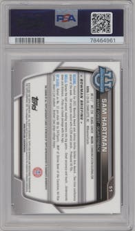 Sam Hartman from the 2022 Bowman University Chrome set graded by PSA and given an overall grade of 10.