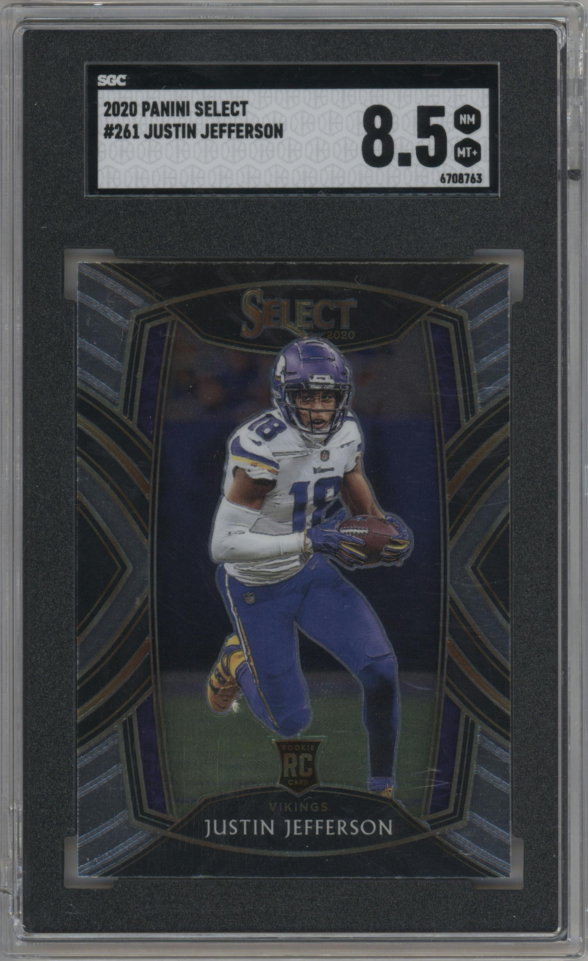 Justin Jefferson from the 2020 Panini Select set graded by SGC and given an overall grade of 8.5.