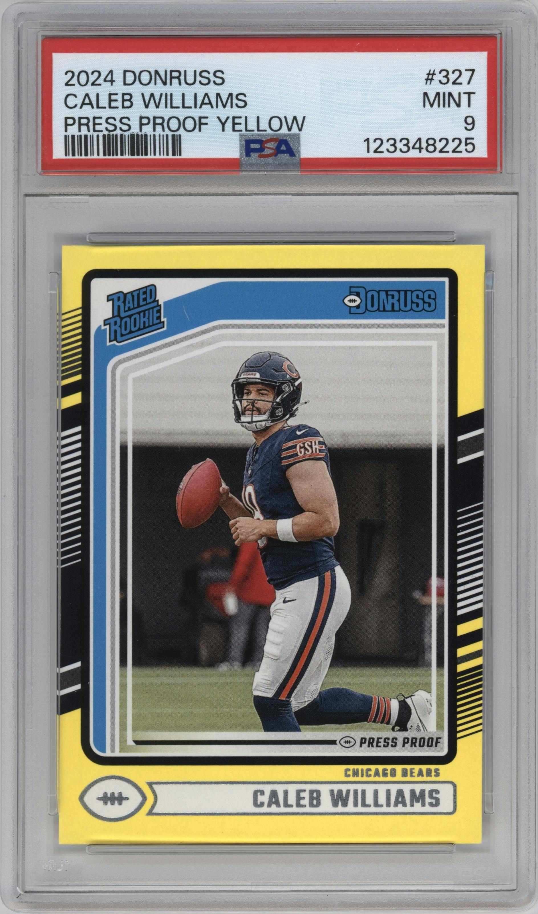 Caleb Williams from the 2024 Donruss set featuring a Press Proof Yellow parallel graded by PSA and given an overall grade of 9.