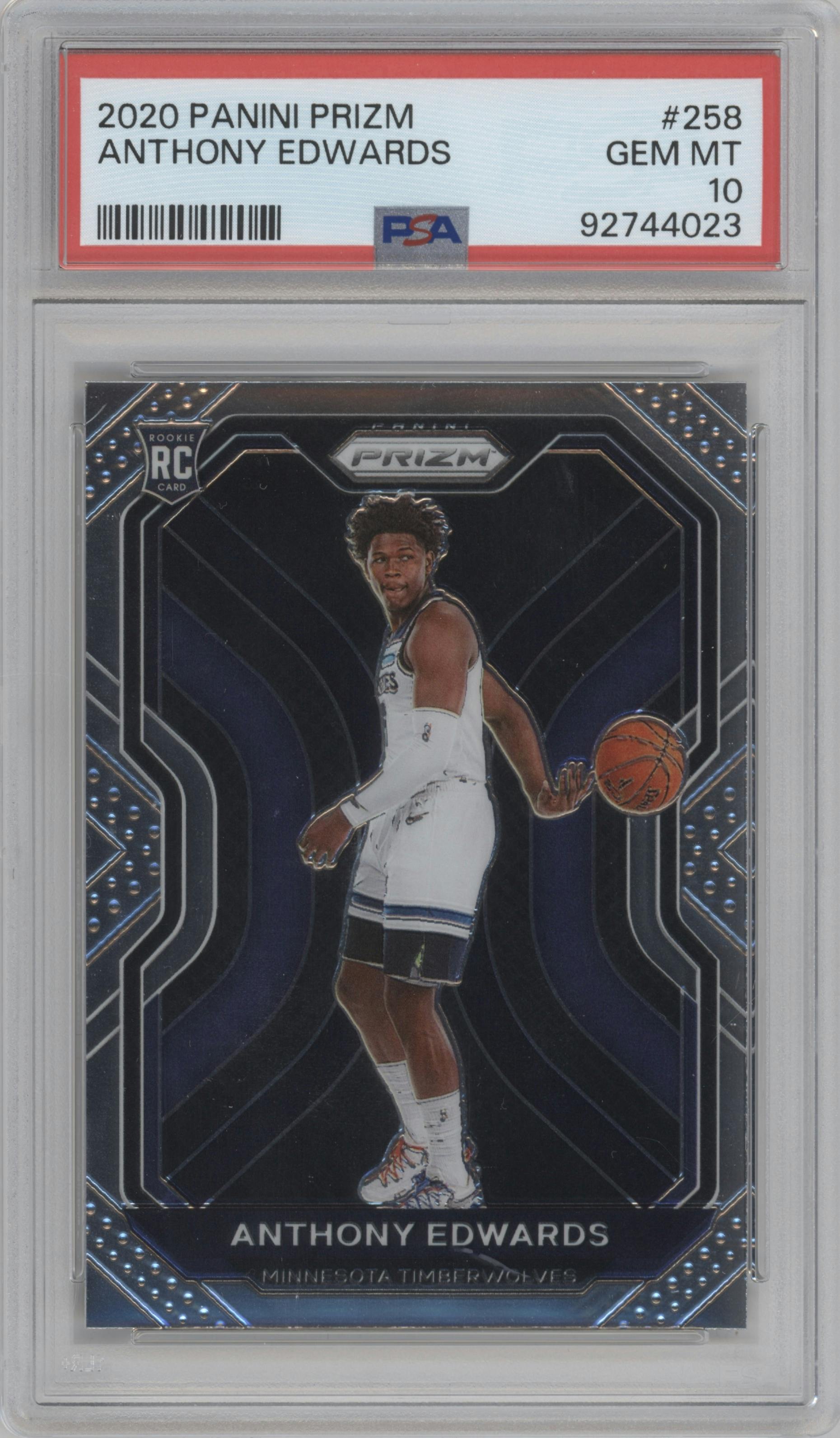 Anthony Edwards from the 2020-21 Panini Prizm set graded by PSA and given an overall grade of 10.