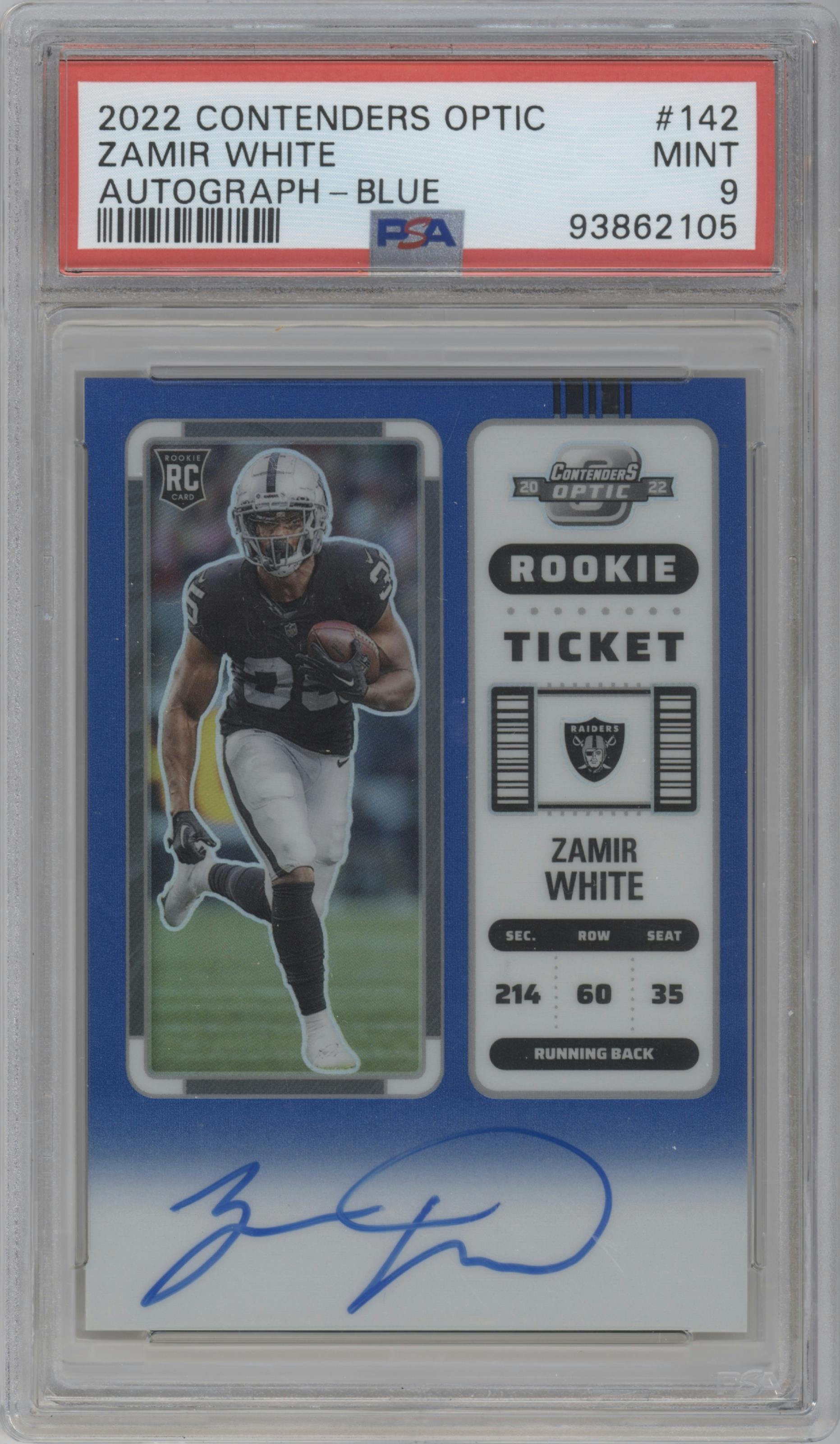 Zamir White from the 2022 Panini Contenders Optic set featuring a Blue parallel graded by PSA and given an overall grade of 9.