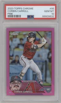 Corbin Carroll from the 2023 Topps Chrome set featuring a Pink Refractor parallel graded by PSA and given an overall grade of 10.