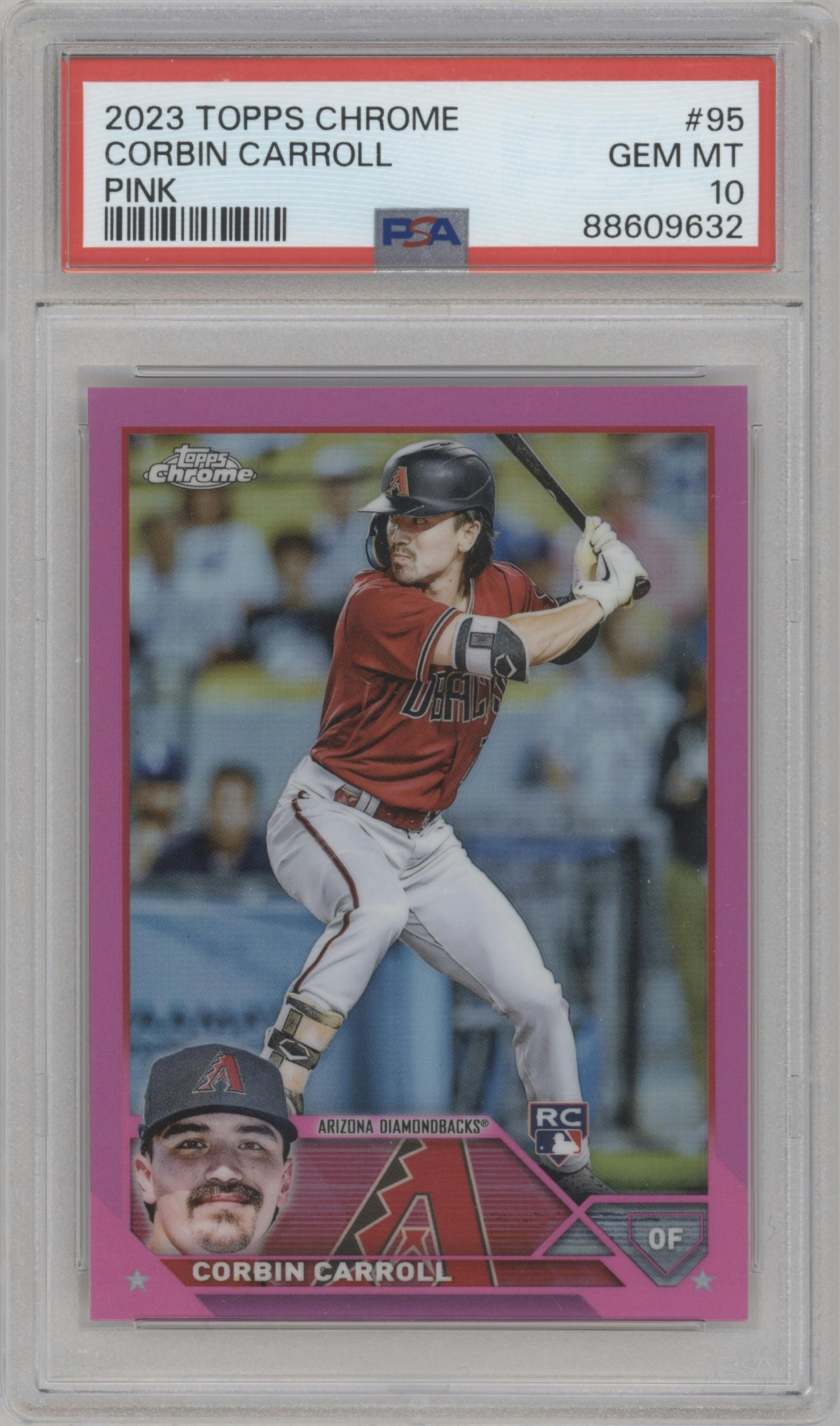 Corbin Carroll from the 2023 Topps Chrome set featuring a Pink Refractor parallel graded by PSA and given an overall grade of 10.