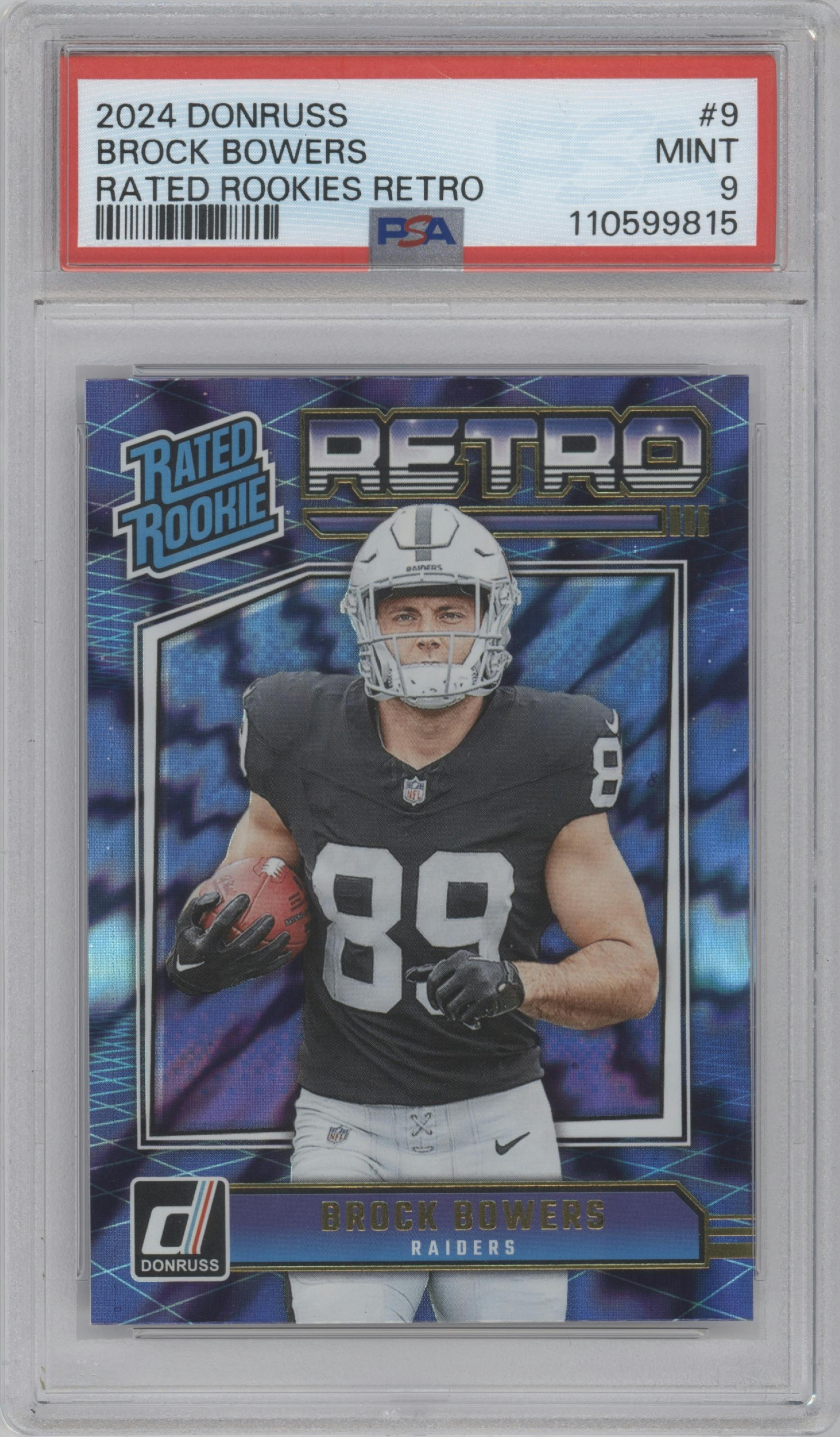 Brock Bowers from the 2024 Donruss set graded by PSA and given an overall grade of 9.