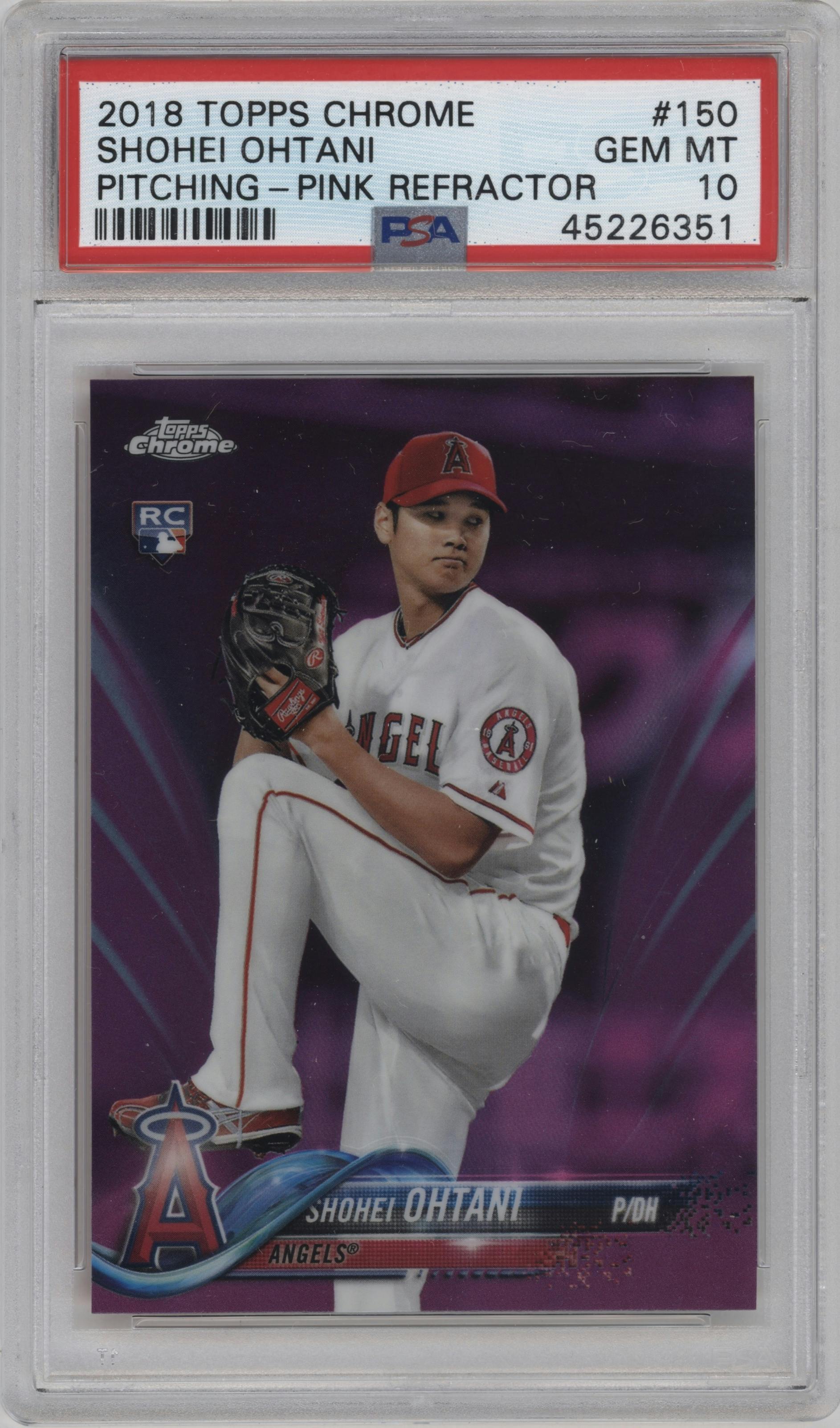 Shohei Ohtani from the 2018 Topps Chrome set featuring a Pink Refractor parallel graded by PSA and given an overall grade of 10.