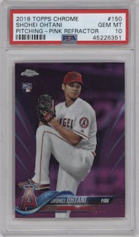 Shohei Ohtani from the 2018 Topps Chrome set featuring a Pink Refractor parallel graded by PSA and given an overall grade of 10.
