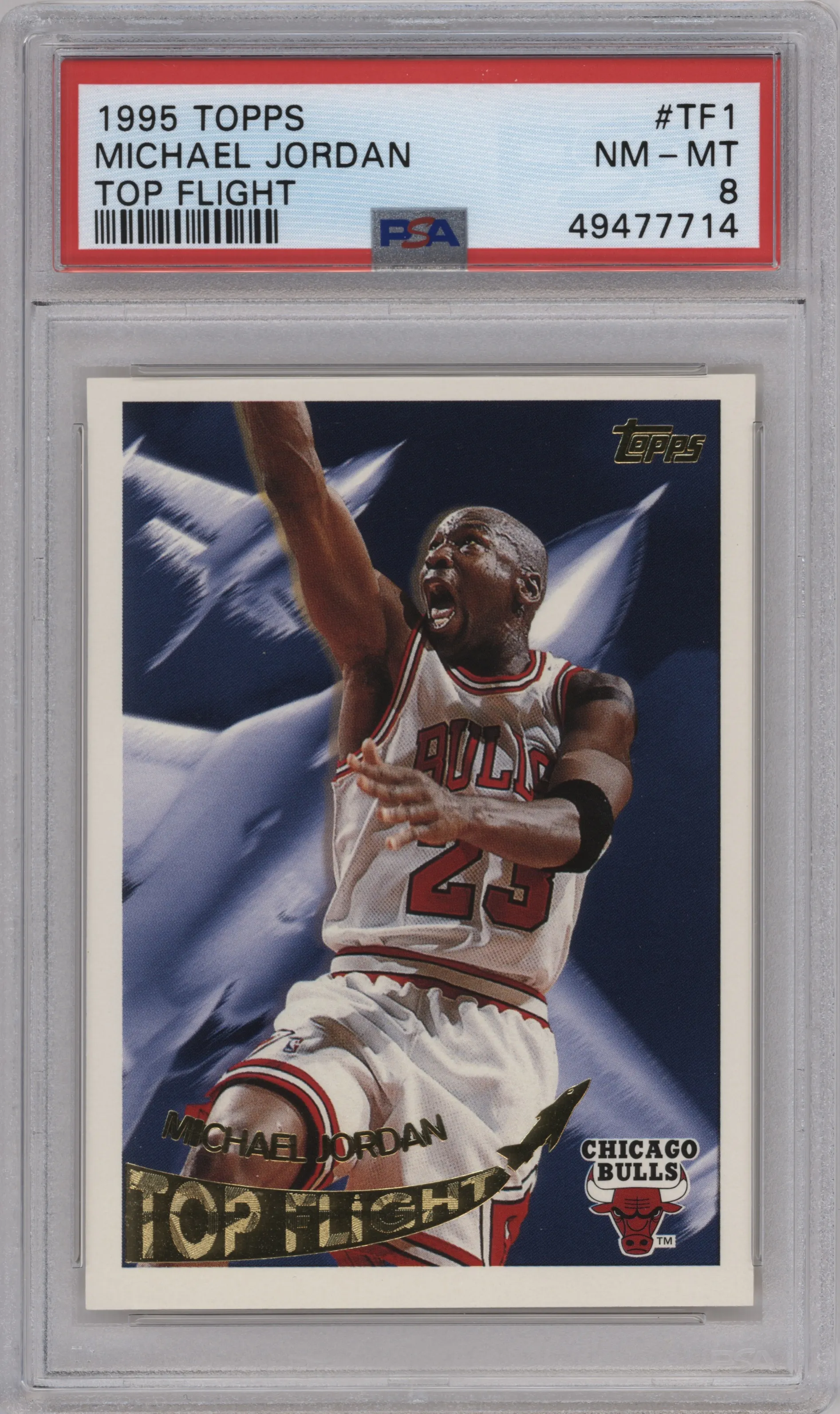 Michael Jordan from the 1995-96 Topps set graded by PSA and given an overall grade of 8.