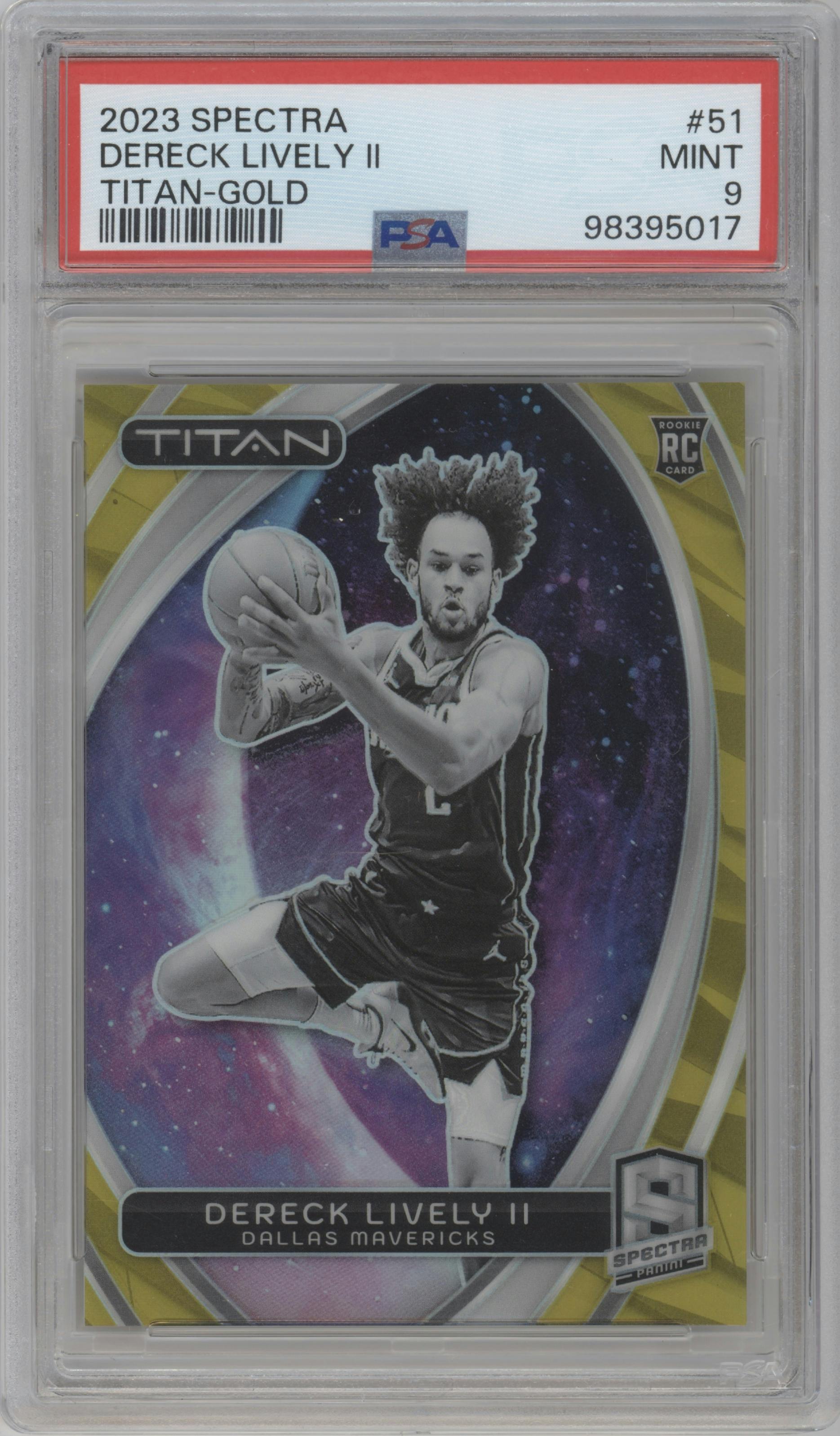 Dereck Lively II from the 2023-24 Panini Spectra set featuring a Gold parallel graded by PSA and given an overall grade of 9.